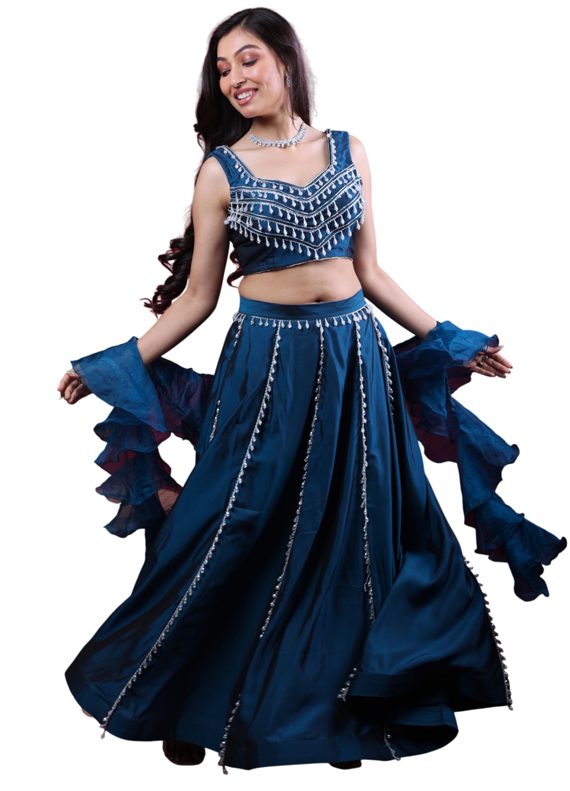 Midnight Mirror Work Lehenga Set – Navy Blue Glam, Traditional Indian Ethnic Wear-image-36