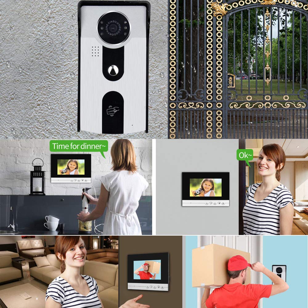 Videocitofono RFID 7 '' TFT Color IR Telecamera da Esterno CMOS con Campanello in Metallo Impermeabile Monitor 700TVL + 5pcs ID utente Telecomando per Casa (2 Monitor della 1 Fotocamera)