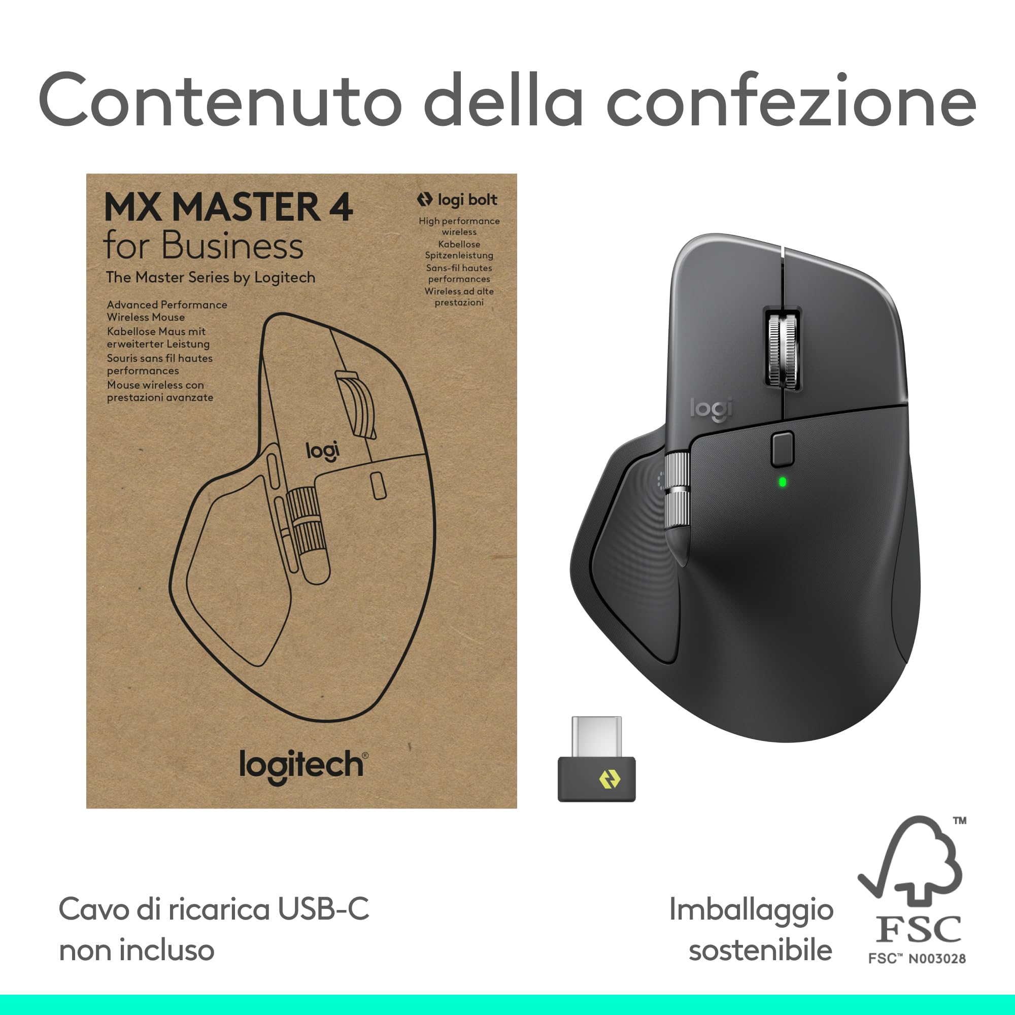 Logitech MX Master 4 for Business, mouse wireless con clic discreti, 8000 DPI, scorrimento MagSpeed, ricevitore Logi Bolt, Bluetooth, Actions Ring, tecnologia aptica, ricarica USB-C – Graphite