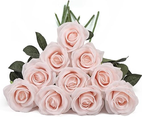 DuHouse Ramo de 10 rosas artificiales de seda, tallos largos para arreglos de boda, centro de mesa, fiesta, hogar, cocina, decoración (rubor)