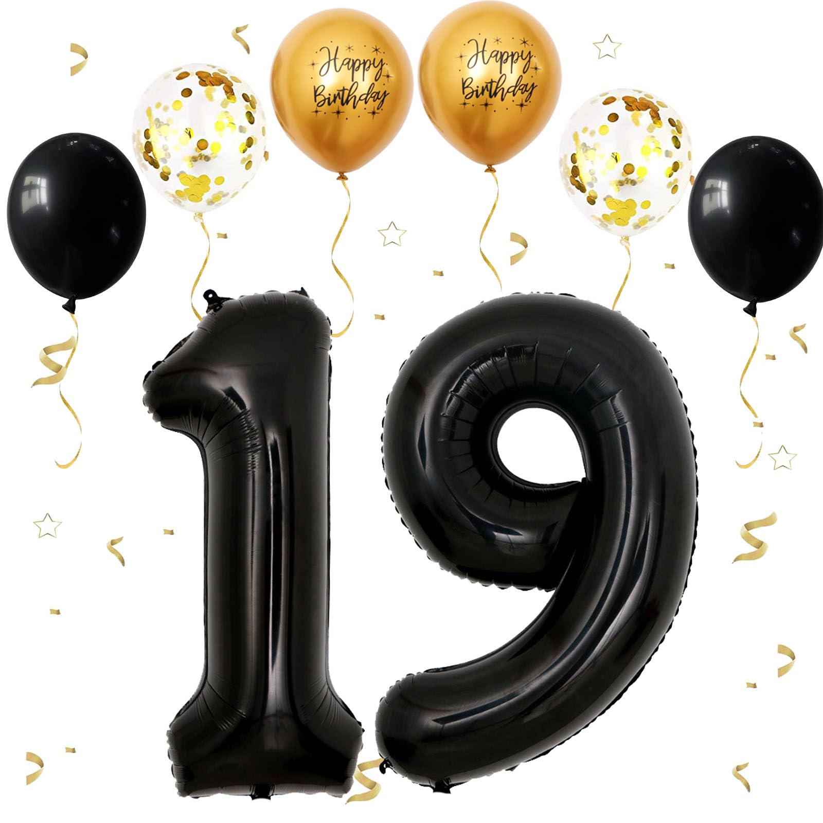 Schwarzer Ballon mit Zahl, Zahl 19 Luftballons Schwarz, 19. Geburtstagsballon für Mädchen und Jungen, 102 cm Folienzahl 19 Ballons mit schwarzen goldenen Latex-Konfetti-Ballons für 19