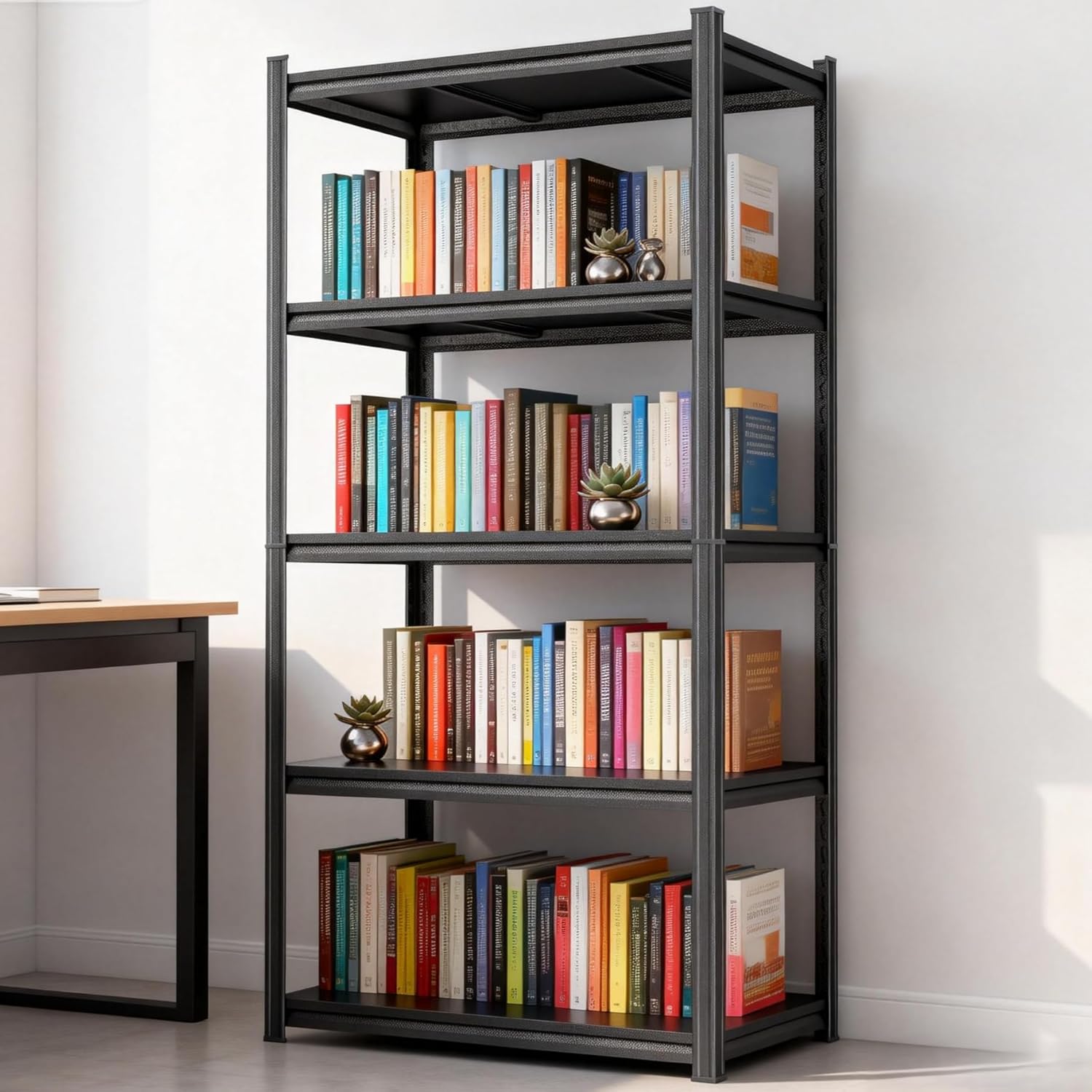 5-Tier Metal Bookshelf, Modern Industrial Bookcase, 77.5" H Adjustable Tall Book Shelf, Heavy Duty Storage Shelf for Books & Display, Living Room, Bedroom, Office, Kitchen, Black - Amazon product rated Grade C