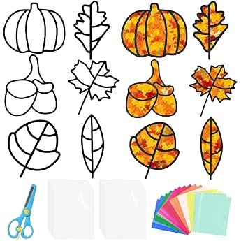 Giugio Autumn Crafts Children 12 Pieces Autumn Craft Set Children Wreaths Craft Sets Leaves Decoration Window Pictures Autumn Crafts DIY Thanksgiving Pumpkin Autumn Time Craft Set Leaves