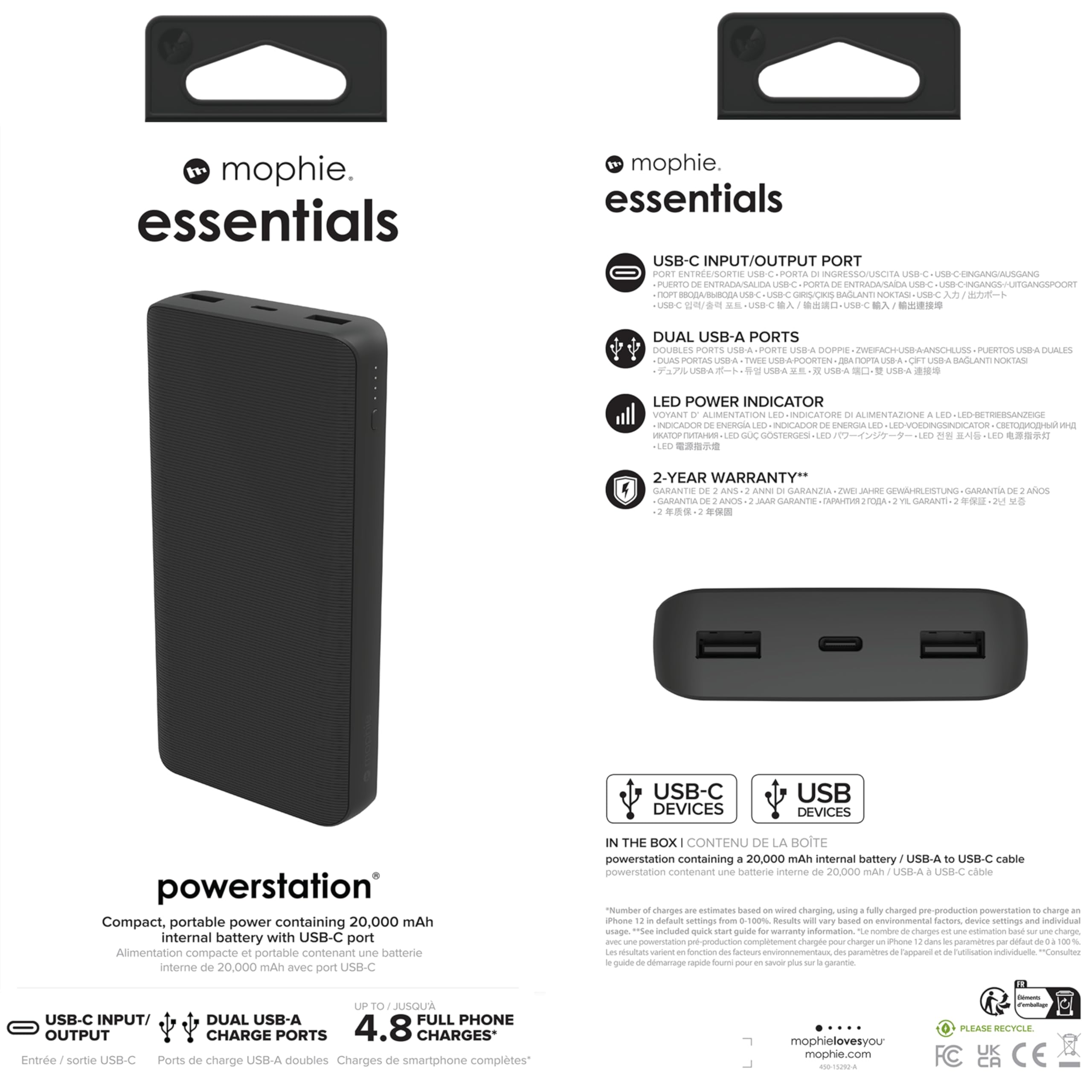 ZAGG mophie Essentials Powerstation Portable Battery - 20,000mAh of Fast Charging Power, Slim, LED Indicator Lights, Wireless Charging, Lightweight