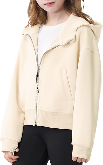 Rolanko Girls Zip Up Hoodies Cropped Sweatshirts Long Sleeve Jackets with Pockets Kids Tops Clothes 7-15 Years