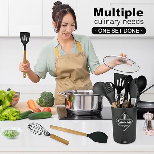 Miniatura 8 de Juego de 12 utensilios de cocina de silicona con soporte, espátula de silicona resistente al calor, cucharas de madera, utensilios de cocina,
