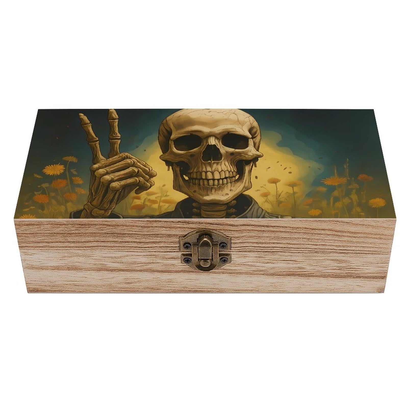 HLBSDM Halloween Skeleton & Wildflower Field Retro Wooden Storage Box Jewelry Art Gift Boxs Decorative Keepsake Boxes
