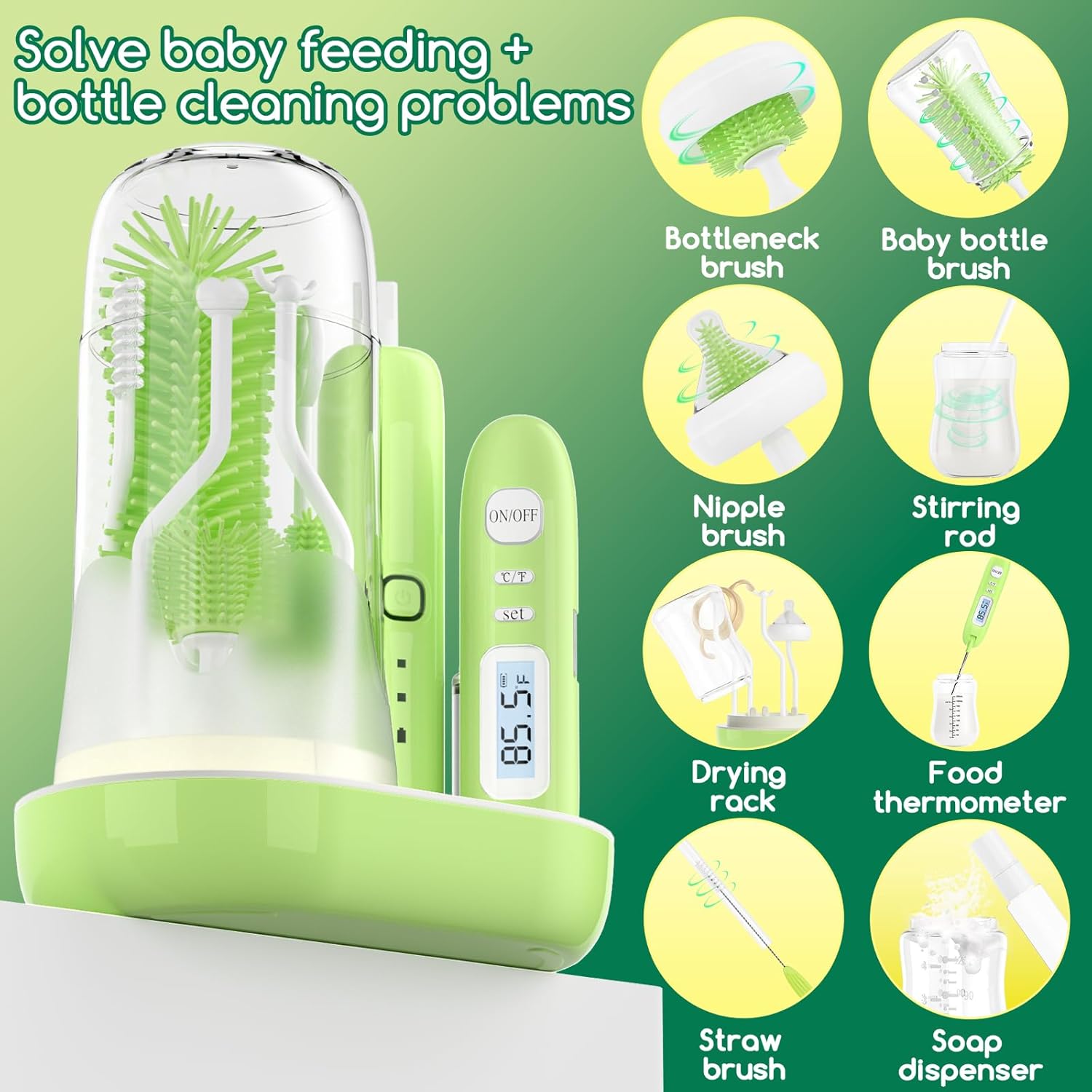 Electric Bottle Brush Cleaner,Wireless Charging Electric Baby Bottle Brush Cleaner,Nipple/Straw/Bottleneck Brush,Food Thermometer,Formula Mixer-IPX7 Waterproof,Travel Bottle Cleaner Kit for Newborn