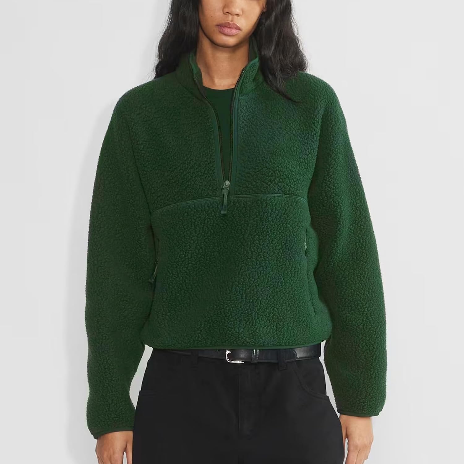 Womens Fleece Sweatshirts Cropped Half Zip Fuzzy Warm Sherpa Pullover Varsity Jackets with Zipper Pockets
