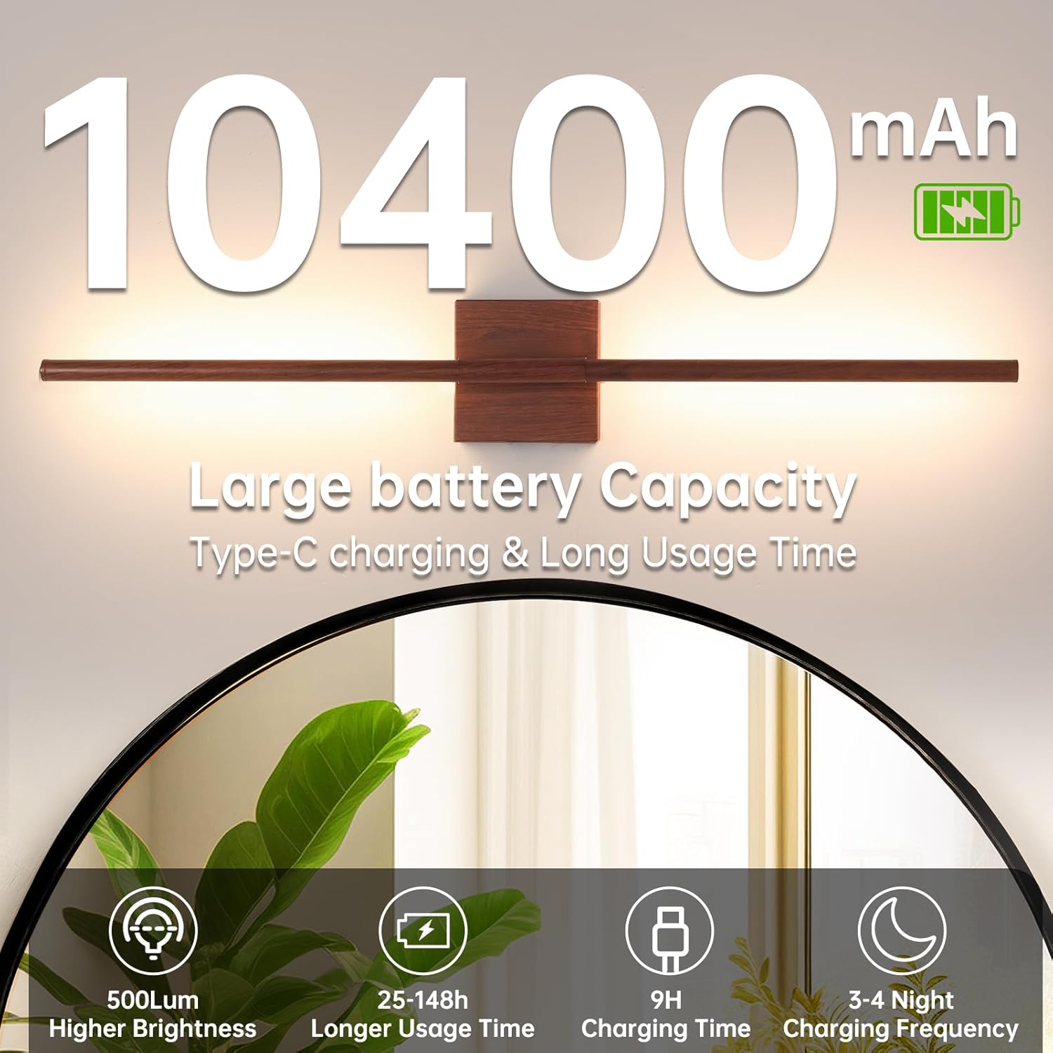 Battery Operated Wall Sconce Set of 2, 10400mAh Rechargeable Wall Sconces, 3000K-6000K Dimmable, 350°Rotate, Indoor Wall Lights for Bedroom Living Room Bathroom, Black Walnut, 31.5 Inch