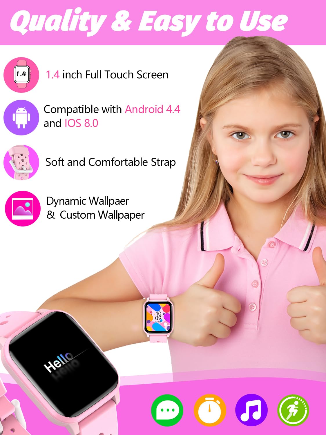 Butele Bambini Smart Watch,Smart Watch per Bambini Gioco Smart Watch Regali per 4-16 anni con modalità Sleep 20 Modalità Sportive 5 Giochi Pedometro Regalo di Compleanno per Ragazzi Ragazze (Rosa)