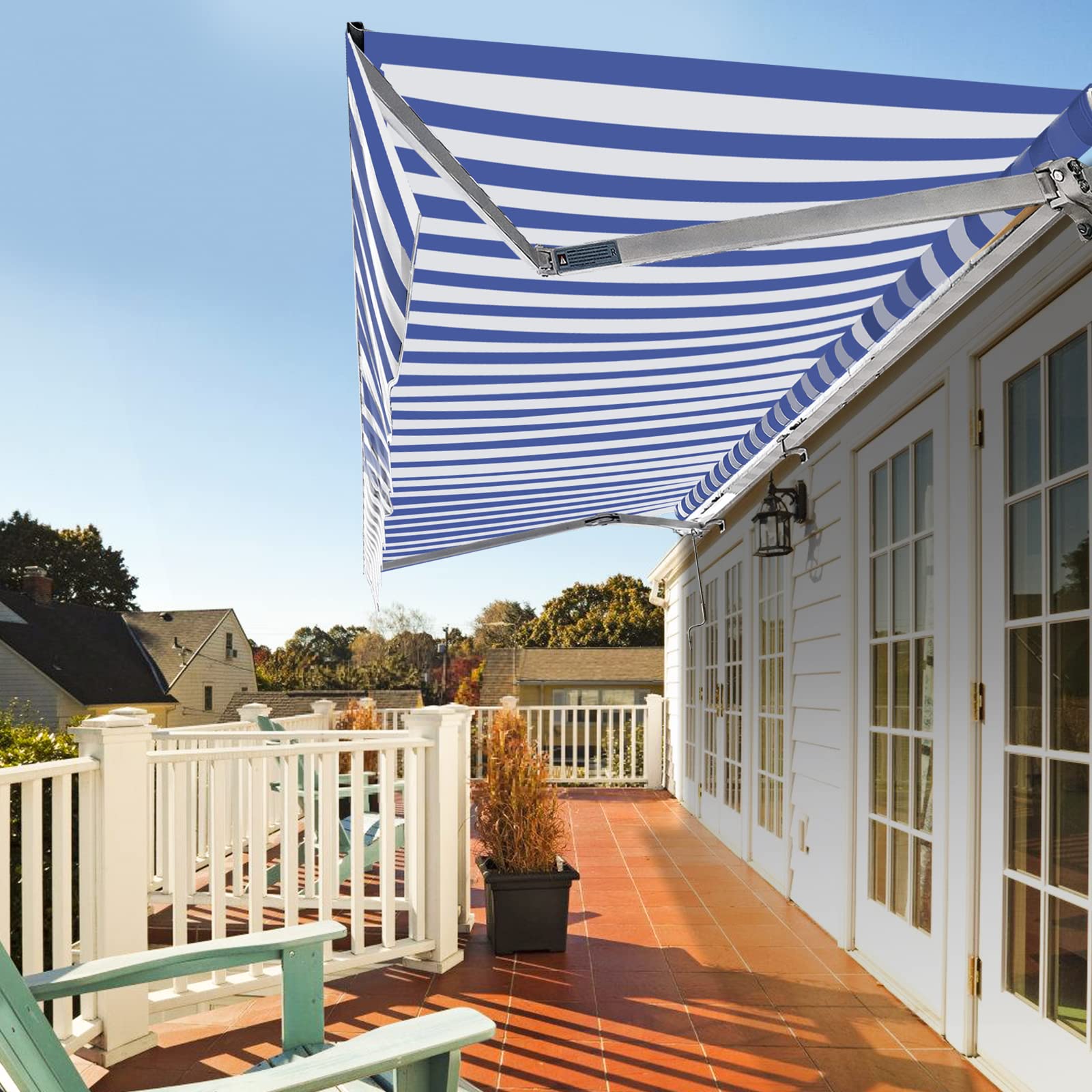 Store Banne Manuel, 350x300cm Bleu-Blanc Store de Terrasse en Aluminium et Polyester avec Manivelle, Auvent Rétractable à Bras Repliable, Angle Réglable 0-30°, Résistant aux UV