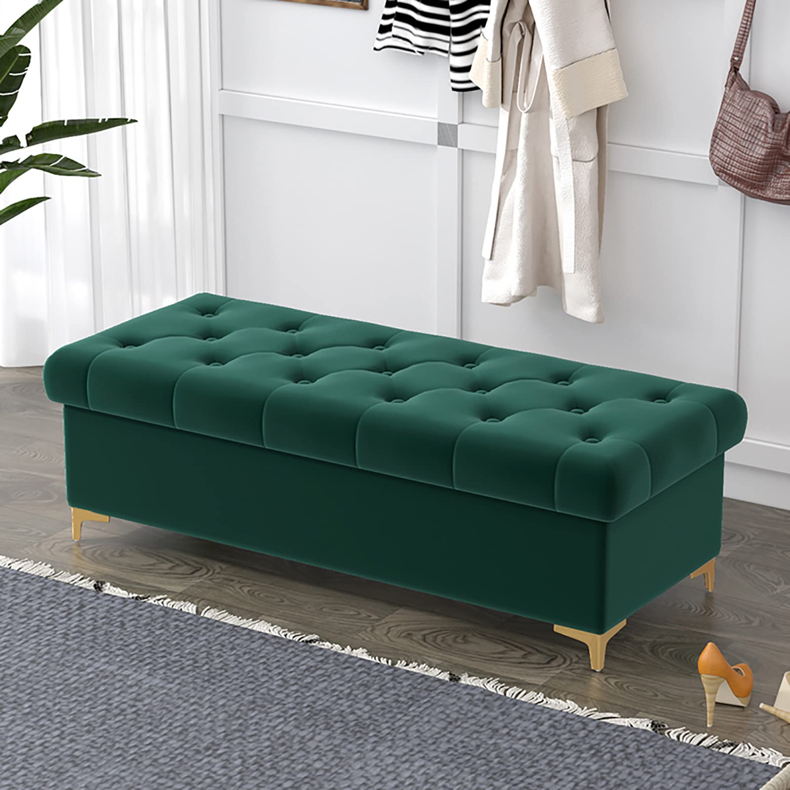 Pouf de rangement rectangulaire en velours vert 60x40x40 cm pour salon et entrée