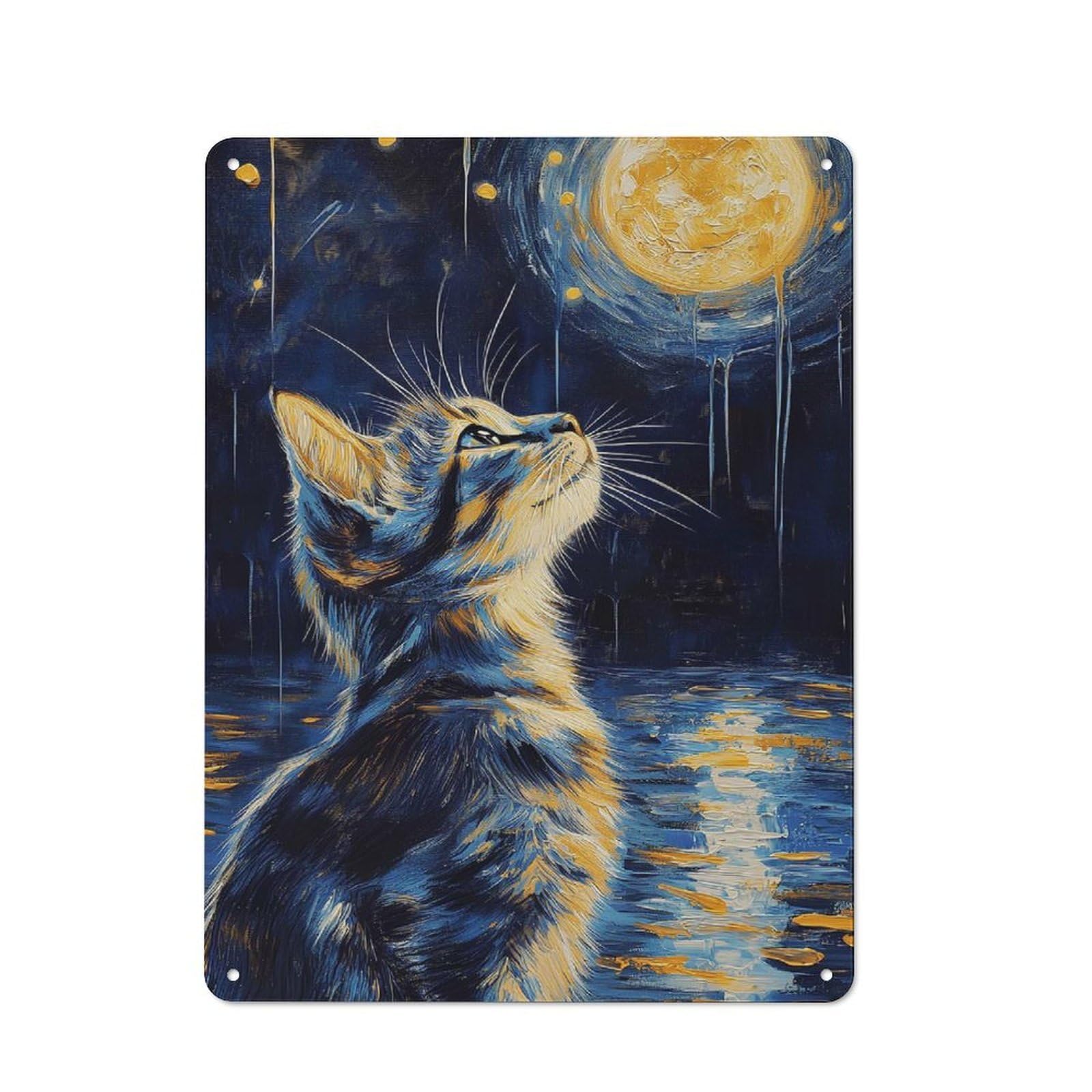 Metal Wall Art Sign with Cat Gazing at The Moon Design 40x30cm, Urban Industrial Wall Decor for Workspace, Cafe, Hallway Or Garage
