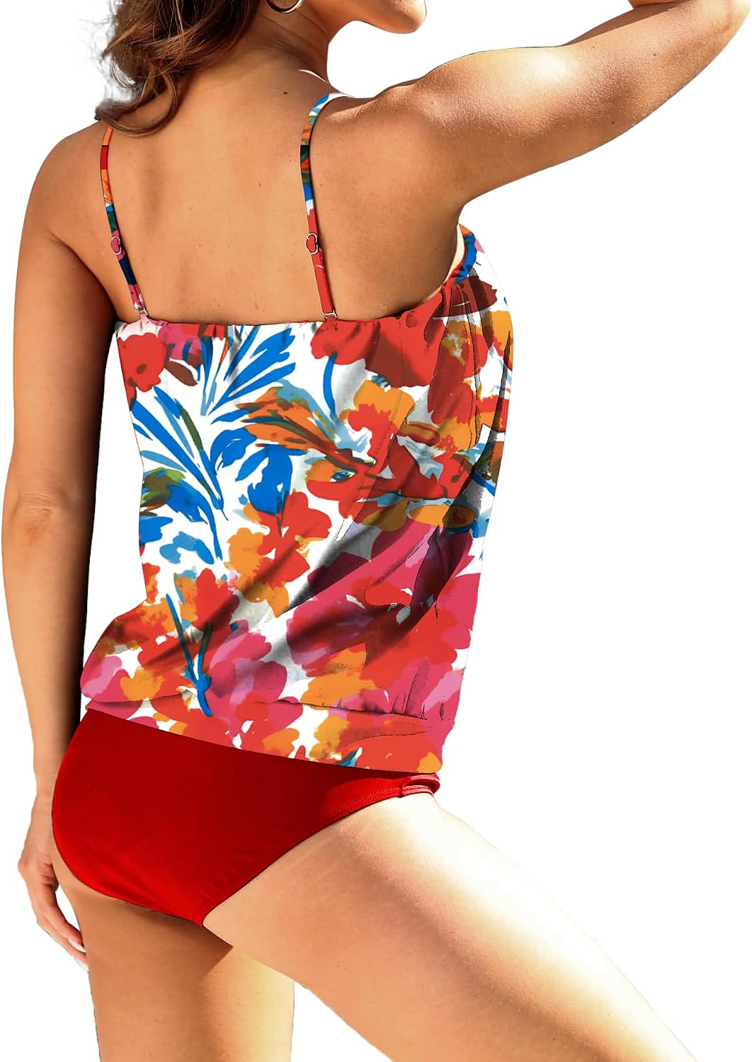 Two Piece Bandeau Tankini Swimsuits for Women Loose Blouson Swim Top with Bikini Bottom Tummy Control Bathing Suits