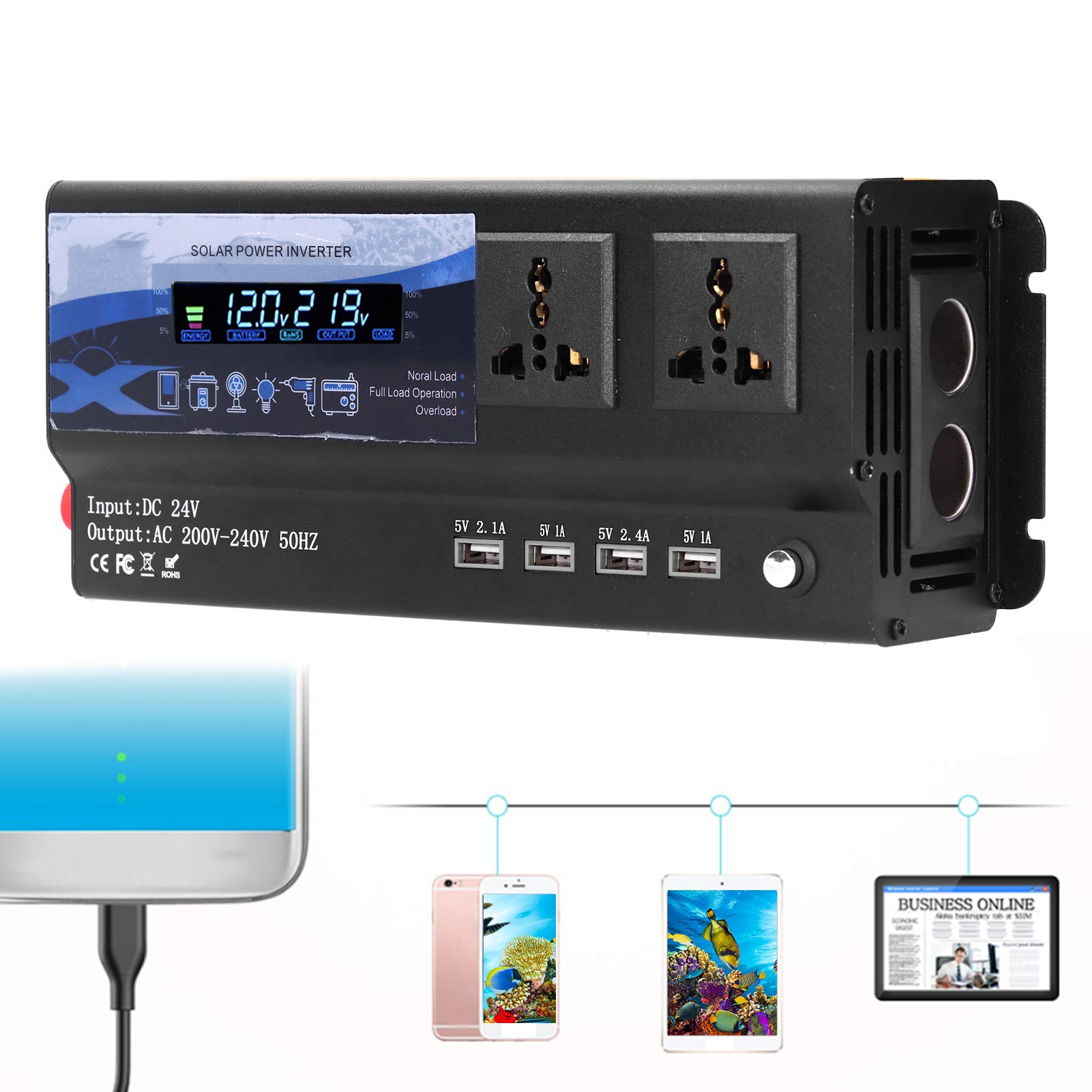 Cocoarm Falownik Samochodowy Przetwornica Mocy ze Stopu Aluminium 6000 W Szczytowa 900 W Rzeczywista Zmodyfikowana Fala Sinusoidalna 2 USB 2 Typ C LED Światło do Wycieczek Kempingowych i Użytkowania
