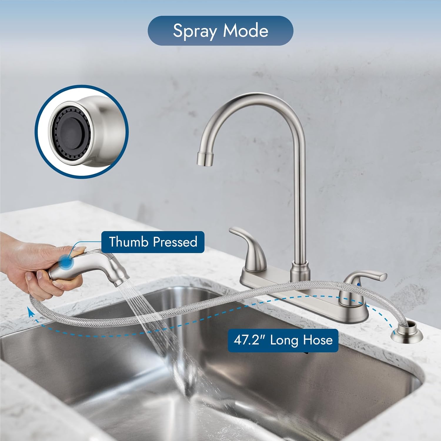 Kitchen Faucet with Side Sprayer,3 or 4 Holes Kitchen Sink Faucet with Sprayer,Stainless Steel Two Handle 8 Inch RV Kitchen Faucets with C-Handle, Brushed Nickel