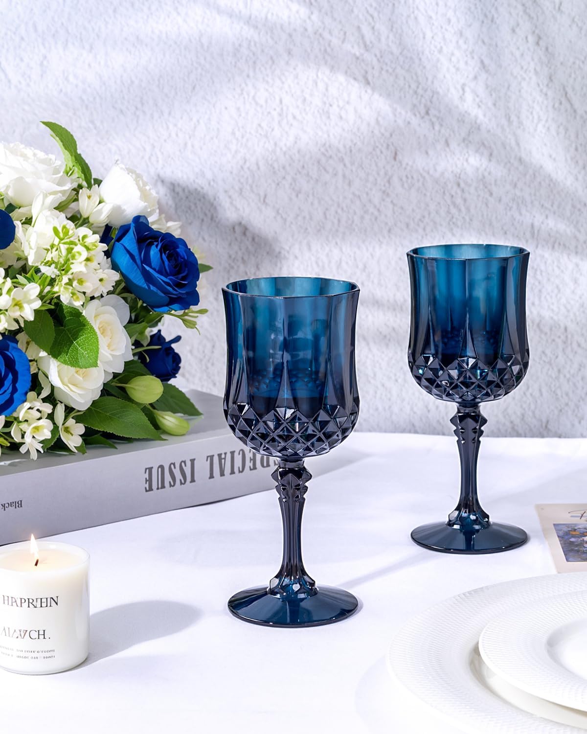 Ciaell 24PCS Blue Plastic Wine Glasses and 12PCS Plastic Martini Glasses for Thanksgiving & Parties & Weddings & Poolside & Toasting & Outdoors