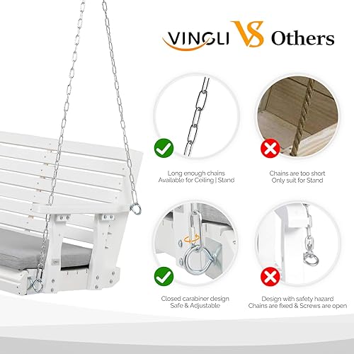 Miniatura 5 de VINGLI Columpio de madera resistente de 880 libras para porche al aire libre con cojín adicional, columpio de banco colgante de granja con cadenas