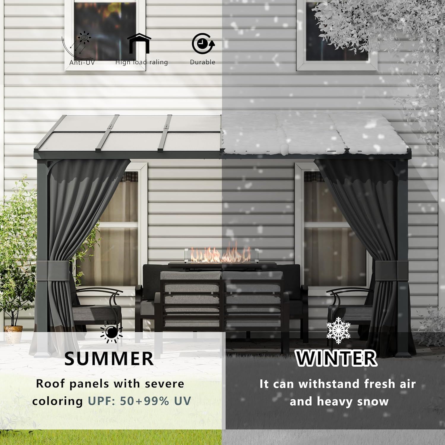 10x24FT Wall Mounted Gazebo Hardtop,Outdoor Wall-Mounted Patio Pergola Metal Frame Double Curtains Gazebo with Sloping Sun Panel Roof for Patio,Garden,Lawn,Pool,Backyard Deck, Gray