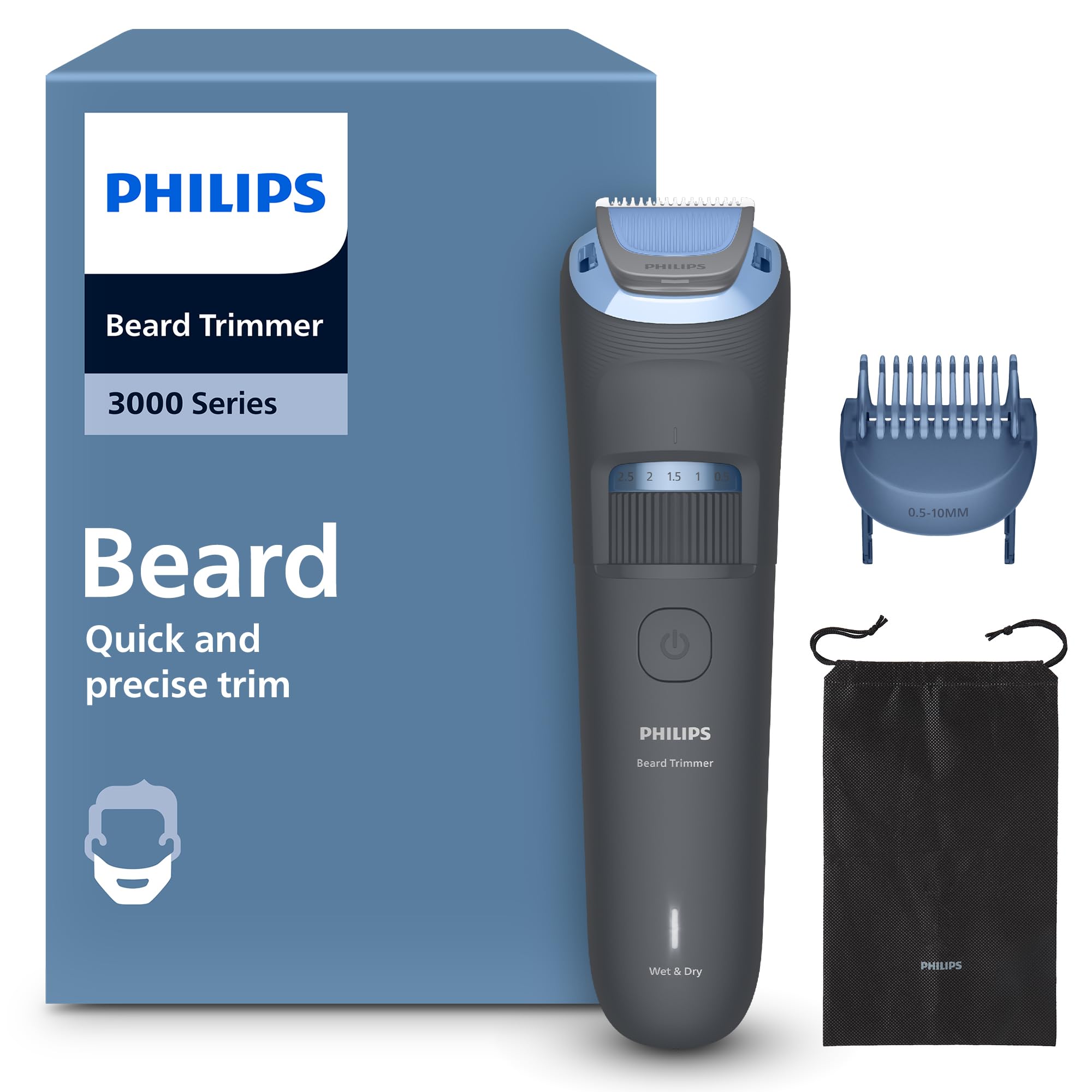 Philips Beard Trimmer Series 3000 – Rounded Edges, 20 Adjustable Cutting Heights, Lift & Trim Comb, 100% Waterproof, Autonomy Indicator, Soft Pouch, USB Charging, Model BT3619/15