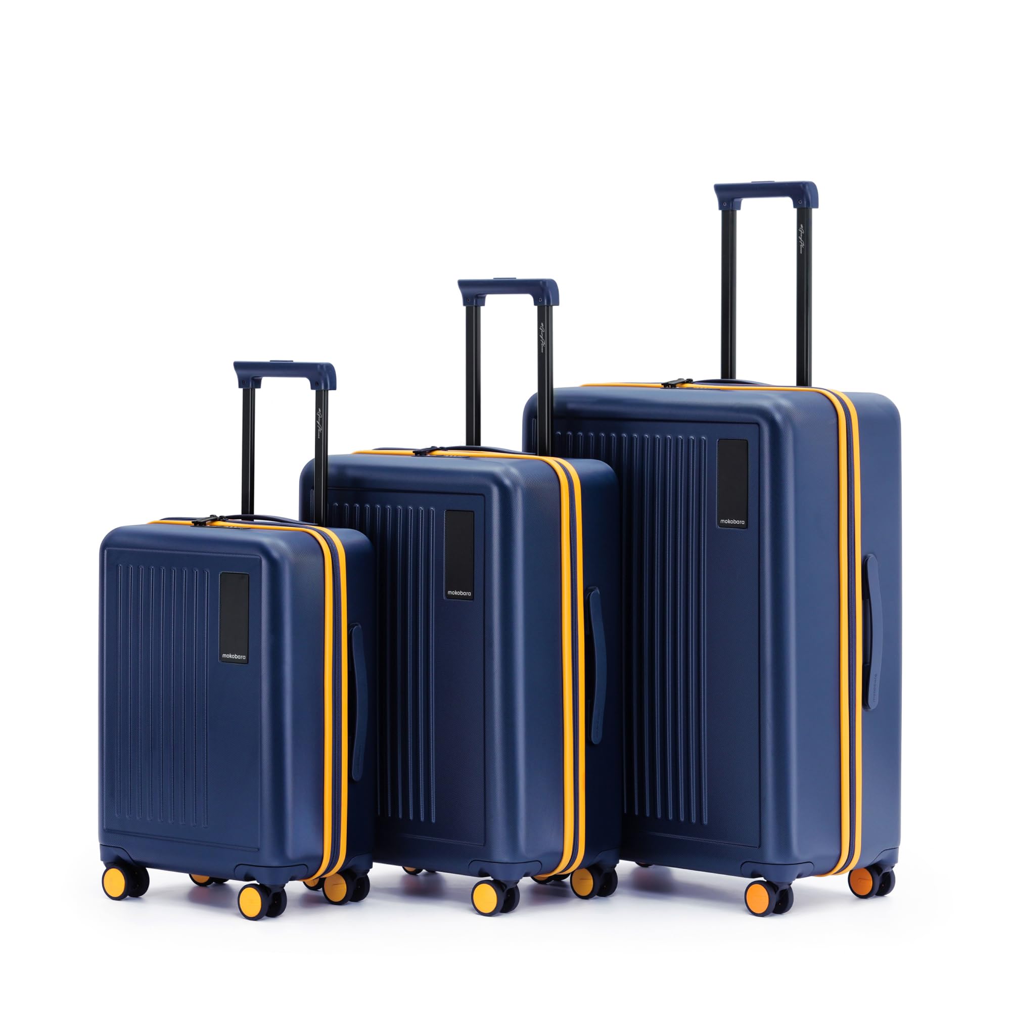 MOKOBARA Transit Set of 3 Luggage Trolley Bag,Cabin(40L)+Check-in(65L)+Check-in Large(100L),Polycarbonate Hardshell,360°Silent Wheels,YKK Zipper,for 30+ Days Travel,Blue&Yellow(We Meet Again Sunray)