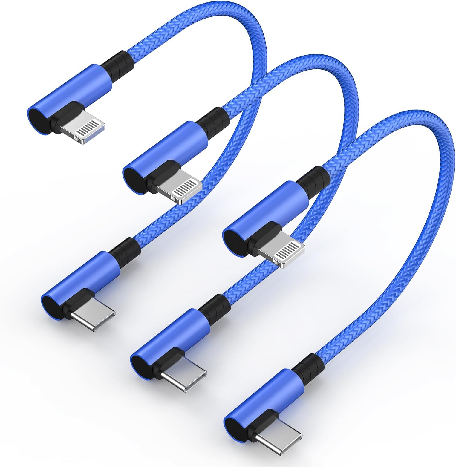 3 Pack USB C to Lightning Cable Short, [Apple MFi Certified] 90 Degree iPhone Fast Charger Cord 7 Inch Braided Short USBC to Lightning Fast Charging Cable for iPhone 14 13 12 11 XS XR X 8 iPad, Blue
