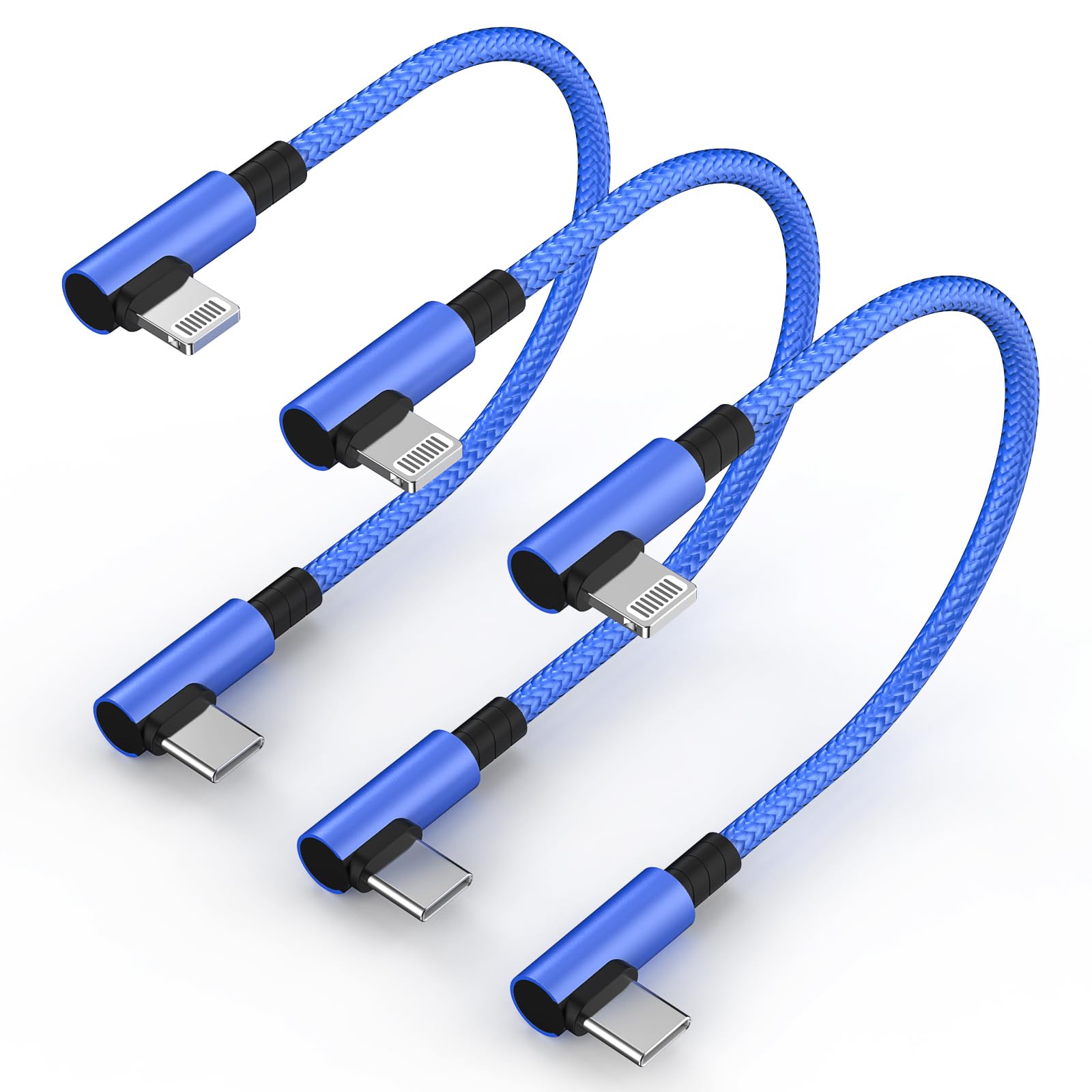 3 Pack USB C to Lightning Cable Short, [Apple MFi Certified] 90 Degree iPhone Fast Charger Cord 7 Inch Braided Short USBC to Lightning Fast Charging Cable for iPhone 14 13 12 11 XS XR X 8 iPad, Blue