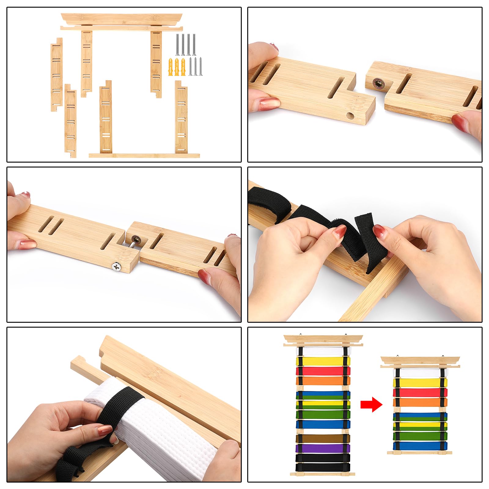 SUMNACON Soporte para cinturón de artes marciales para 12 cinturones de bambú, desmontable, soporte para cinturón de taekwondo, cinturón de montaje en pared, para medalla, cinturón de judo karate