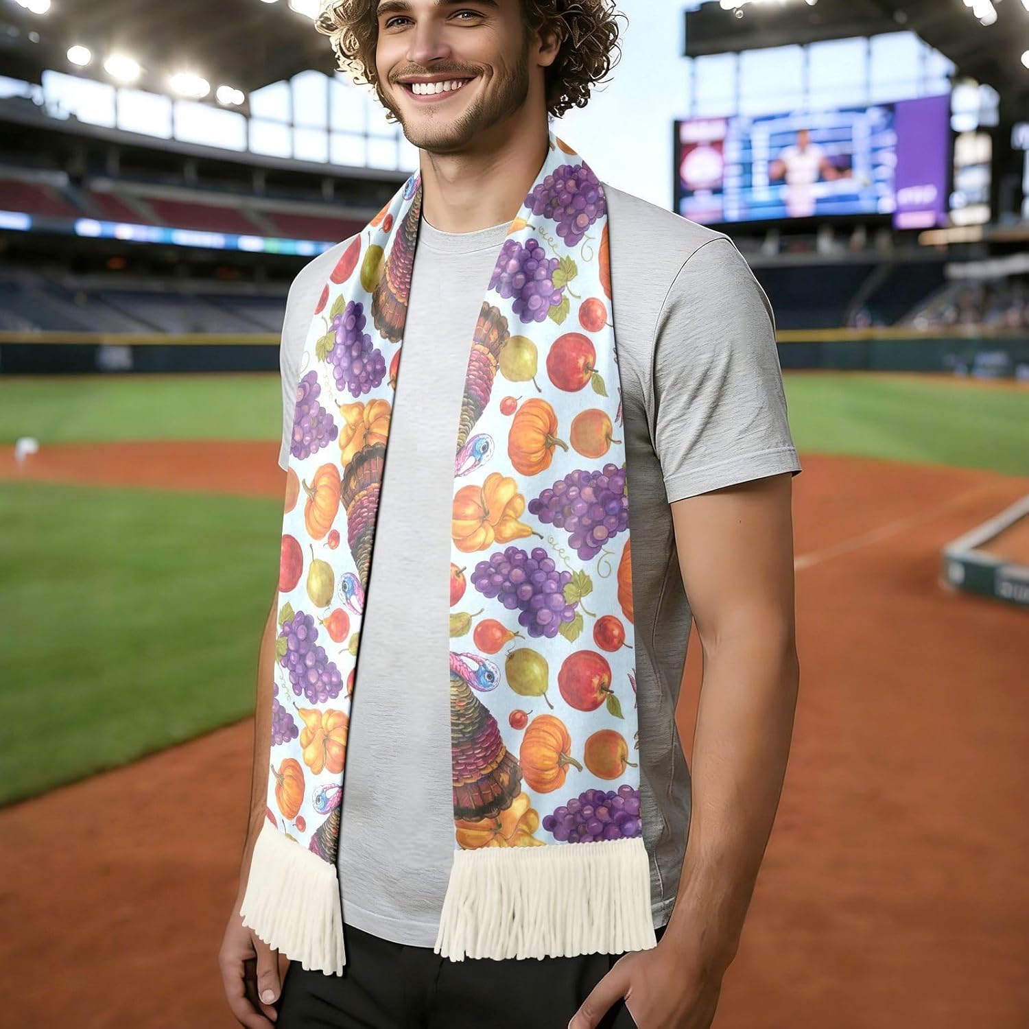 CHIFIGNO Vintage Turkeys Pumpkins Sports Fan Scarf, Soft Quick Dry Polyester Cheering Towel for Soccer Games, Sweat Wicking Rally Scarf with Fringe Ends