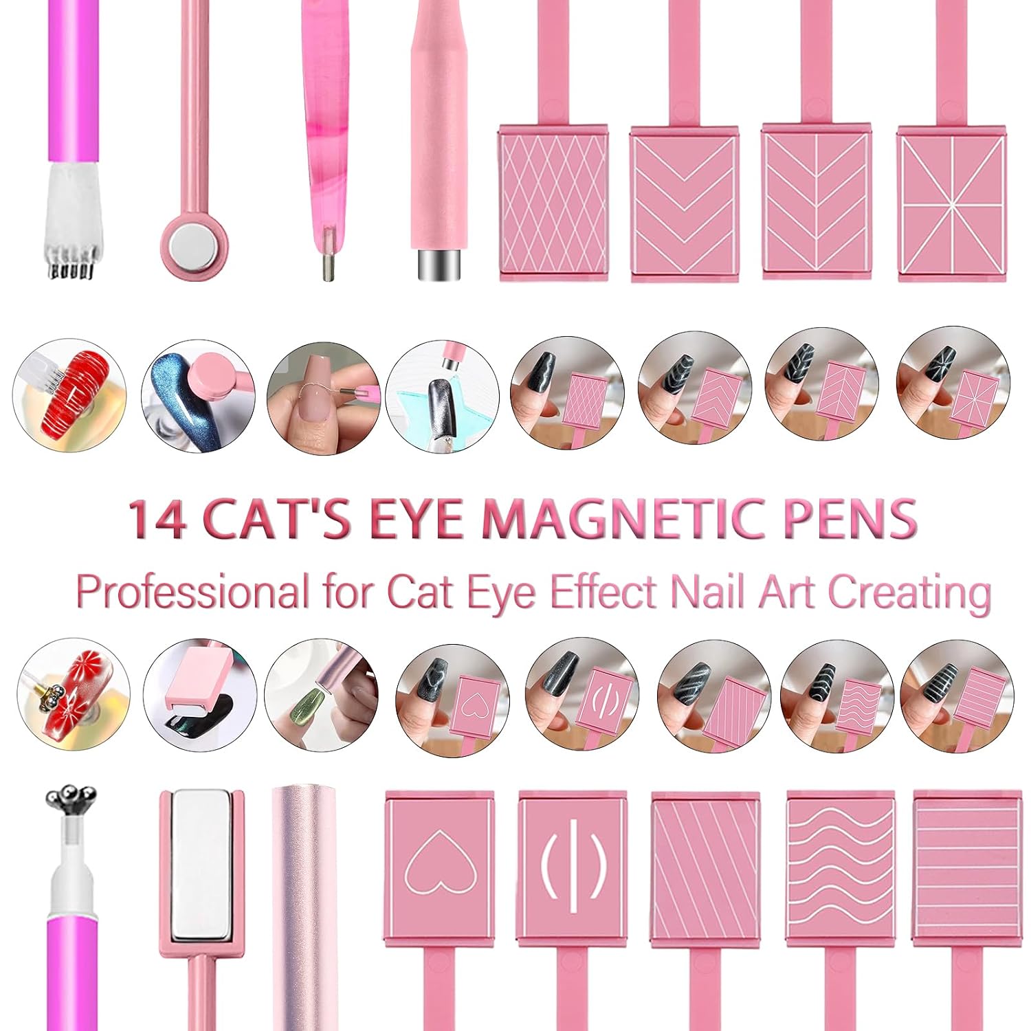 WOKOTO 34pcs Cat Eye Magnet for Nails - Pink Set Nail Magnet Tool For Nail art 3D Magnetic Gel Nail Polish Magnet Wand, Strong Magnets Pens Manicure Tool For Cat Eye Nail Design Tools Diy Accessories
