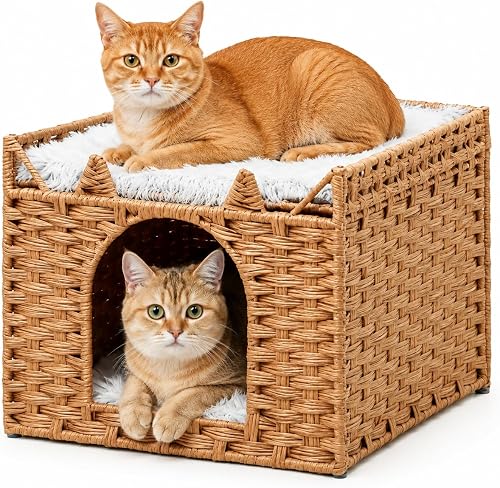 Cat Bed with Ears - Handwoven Rattan Cat Cave House for Indoor Kittens, Foldable Hideaway with 2 Removable Cushions, 16.5x16.5x13.2 Inch Natural Pet Cube for Living Room/Bedroom Natural
