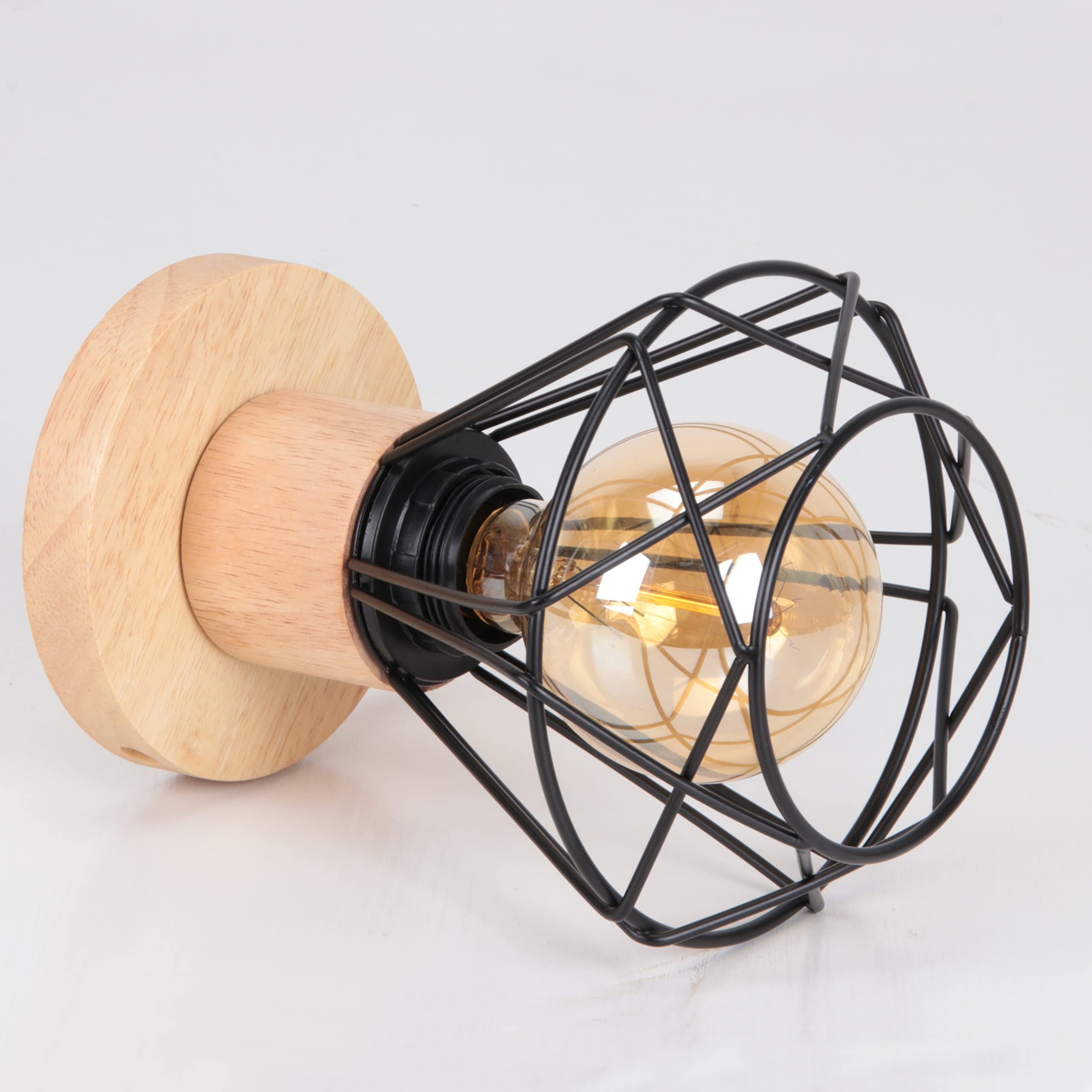 iDEGU Zestaw 2 lamp sufitowych przemysłowych, 16 cm Vintage E27 Retro żyrandol wisząca z żelaza i drewna Klatka Design Czarna lampa sufitowa do wejścia do przedpokoju sypialni kuchni