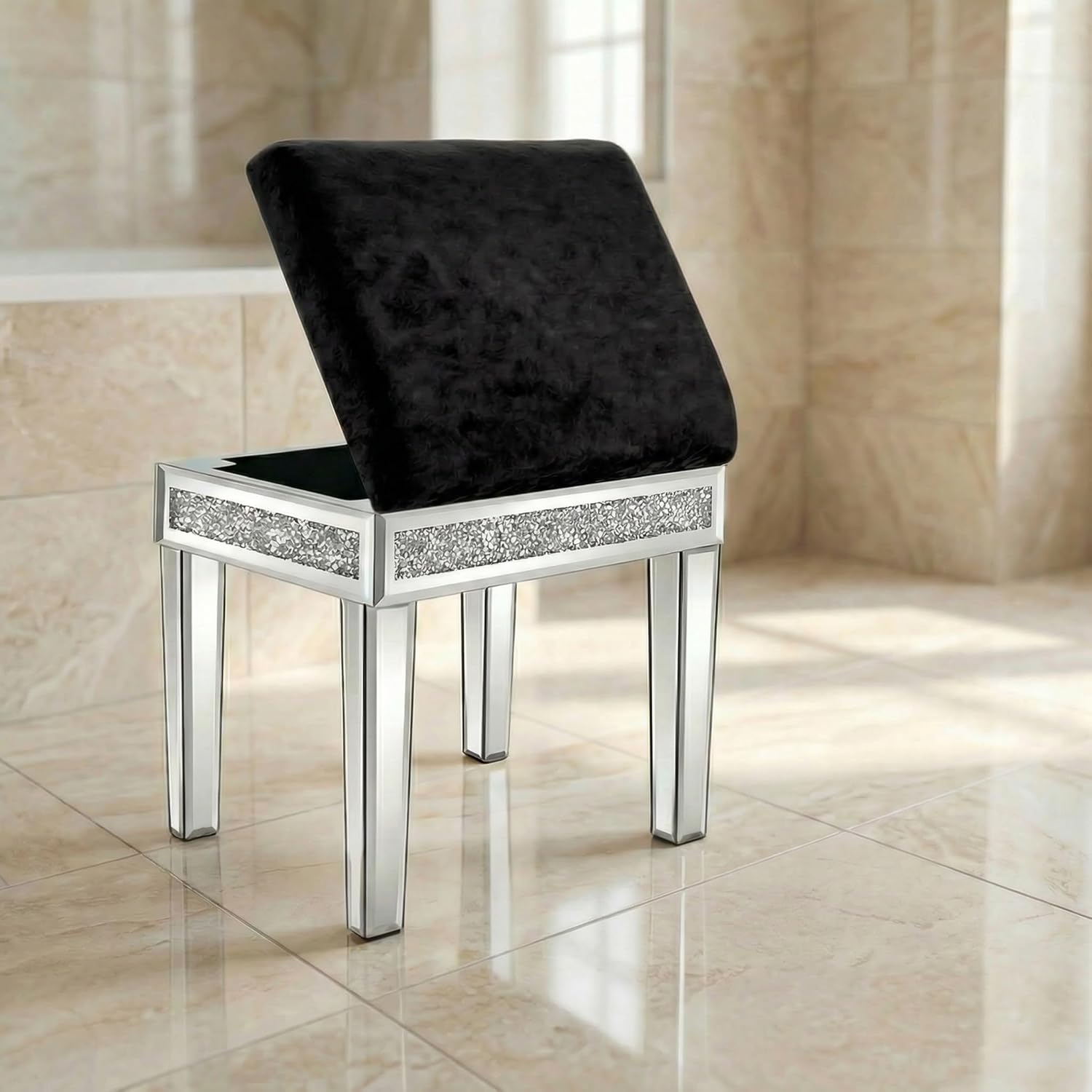 Premium Vanity Stool Chair for Makeup – Velvet Cushioned Seat with Hidden Compartment, Mirrored Legs, Sparkling Diamond Trim, Piano Bench, Black, 18.5"