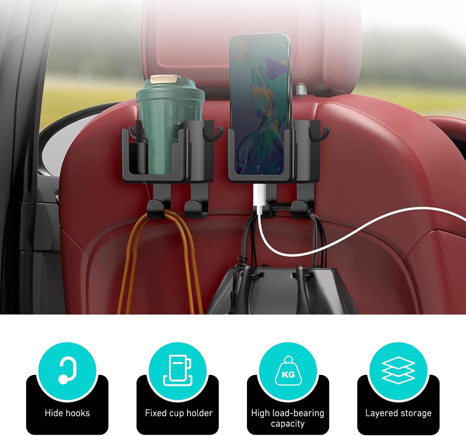 2 PCS Car Headrest Cup Holders, Back Seat Multi-functional Phone Holder & Bag Hook, Large Capacity Anti-breakage Hanging Organizer, Interior Storage Accessory for Most Vehicles (Black)