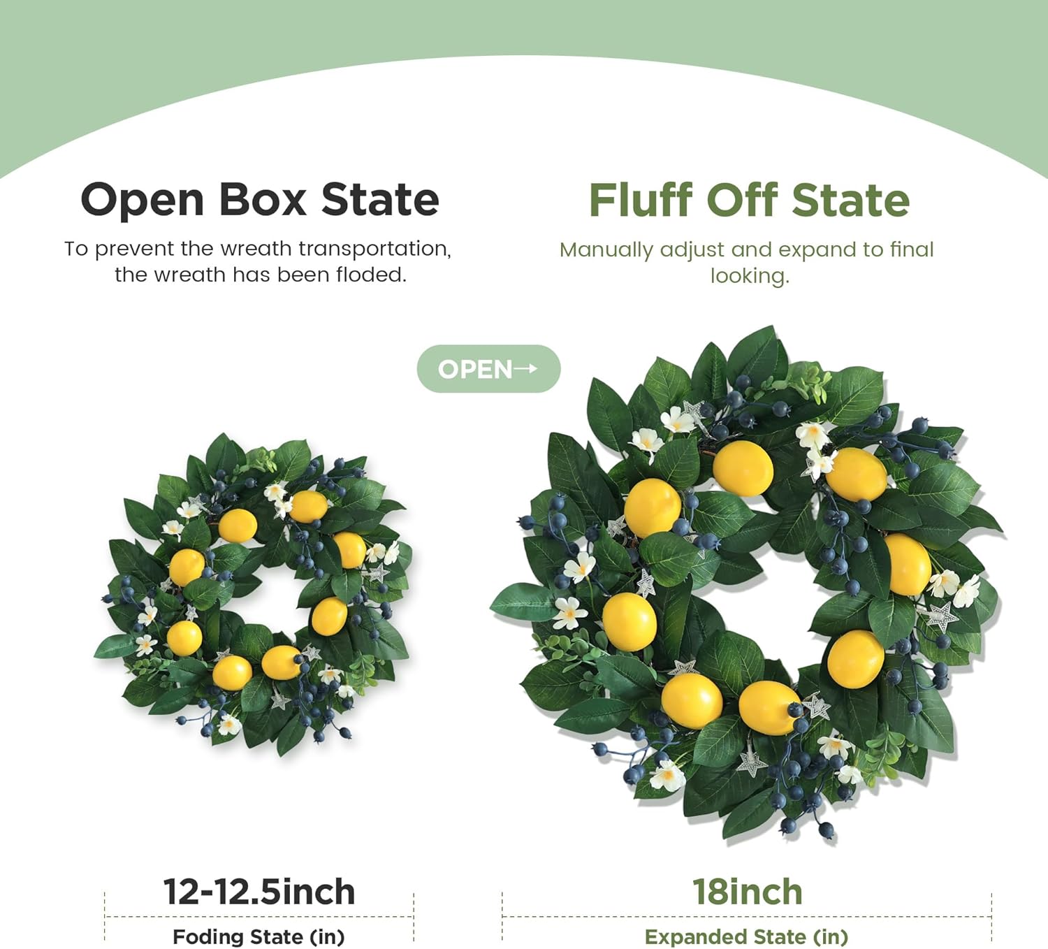 18" Spring Summer Wreaths for Front Door, Artificial Lemon Wreath with LED Star Lights & Timer,Berries & Greenery, Indoor & Outdoor Farmhouse Home Decor