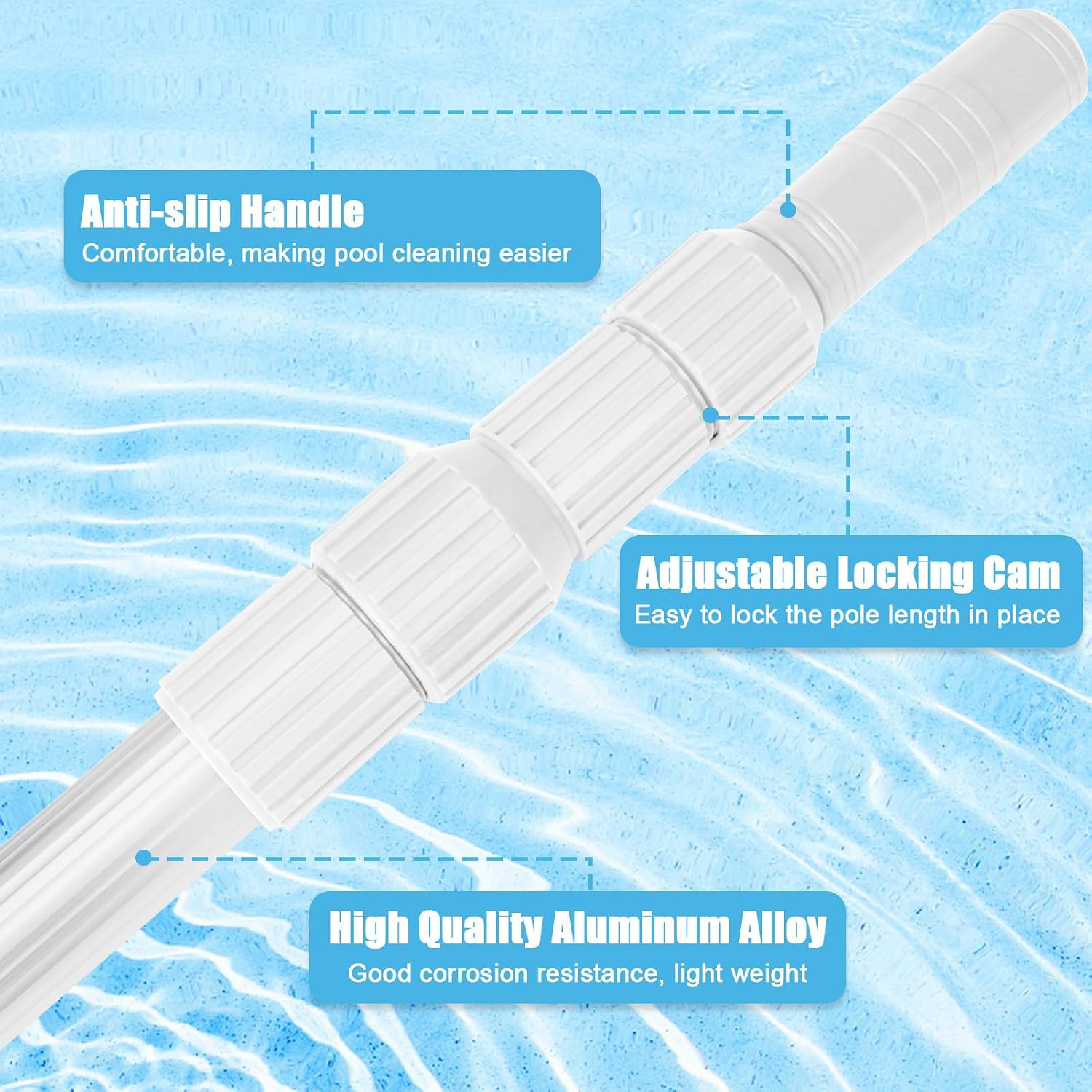 Condition photo showing New/Like New for professional 16 foot telescopic aluminum swimming pool pole - attach connect skimmer nets, rakes, brushes, vacuum heads cleaning (white)