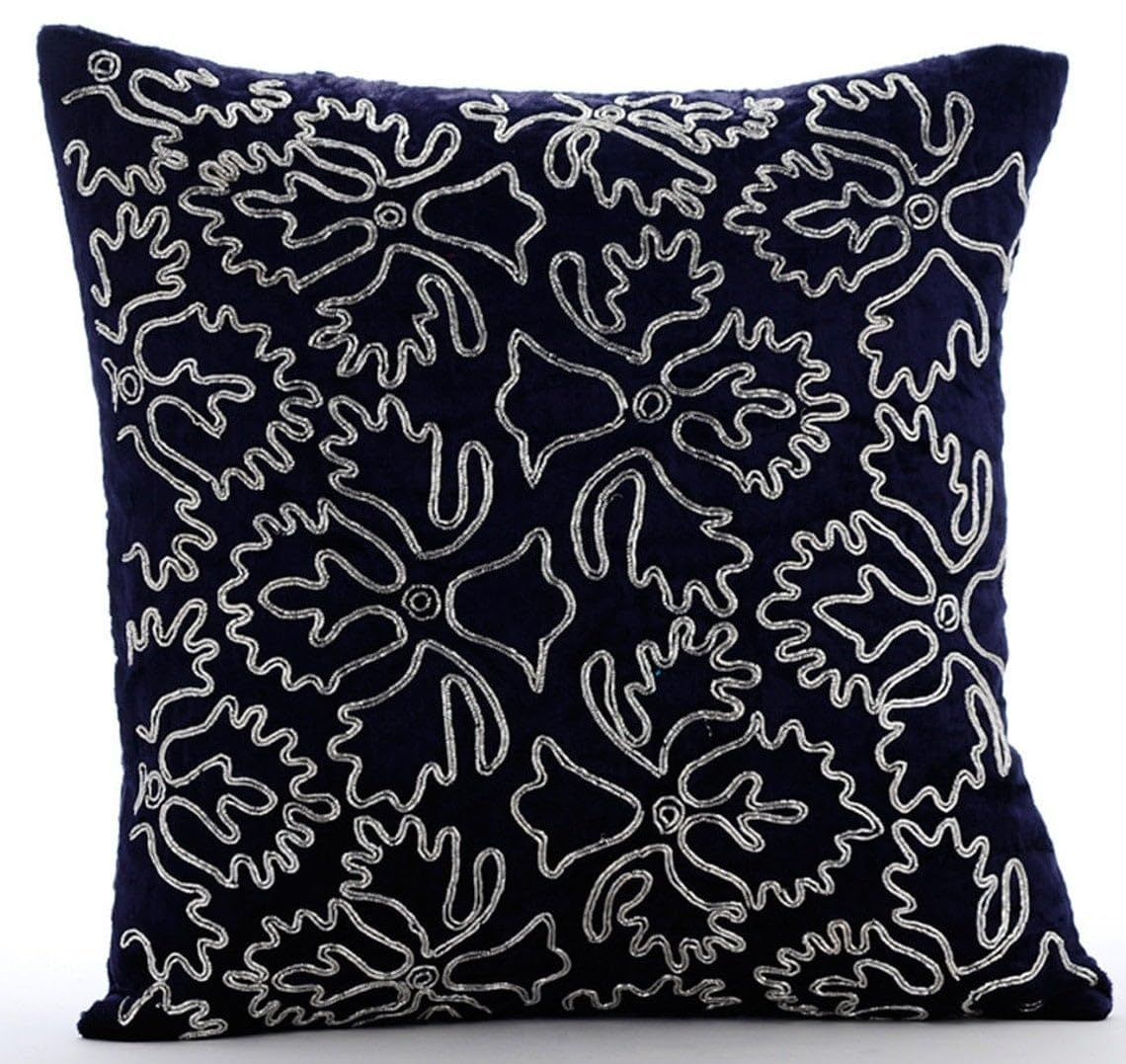 The HomeCentric Navy Blue Cushion Cases, Zardozi Periwinkle Zardozi Sparkly Cushions Cover, 40x40 cm (16x16 inch) Cushion Covers, Square Velvet Cushion Covers, Floral - Silver Periwinkle โ image 1