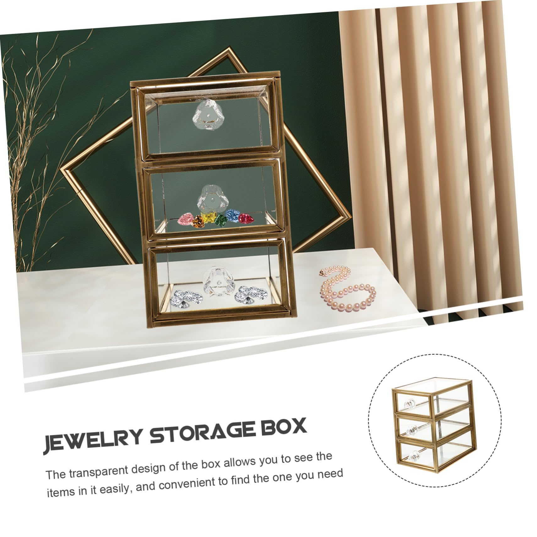 Ipetboom Aleación y Vidrio Caja de Joyas Dorado, de 3 Niveles, Cajones