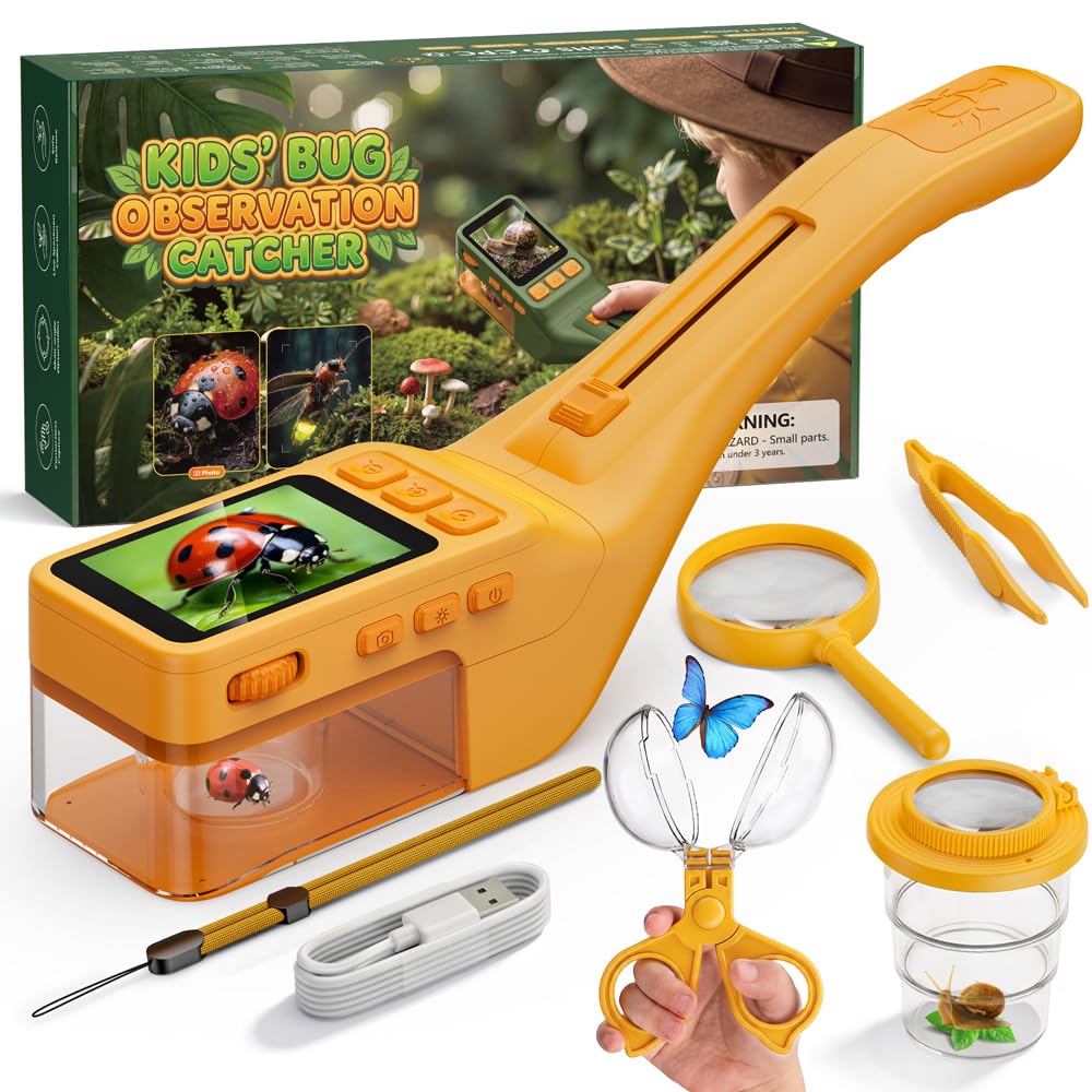 Temodu Kit Exploration Enfant, 2,4 Pouces Écran Microscope pour Enfant avec 500X, 8 LED Microscope Numérique, Photo & vidéo, Jouet d'extérieur pour Enfants dès 3 Ans (Orange)