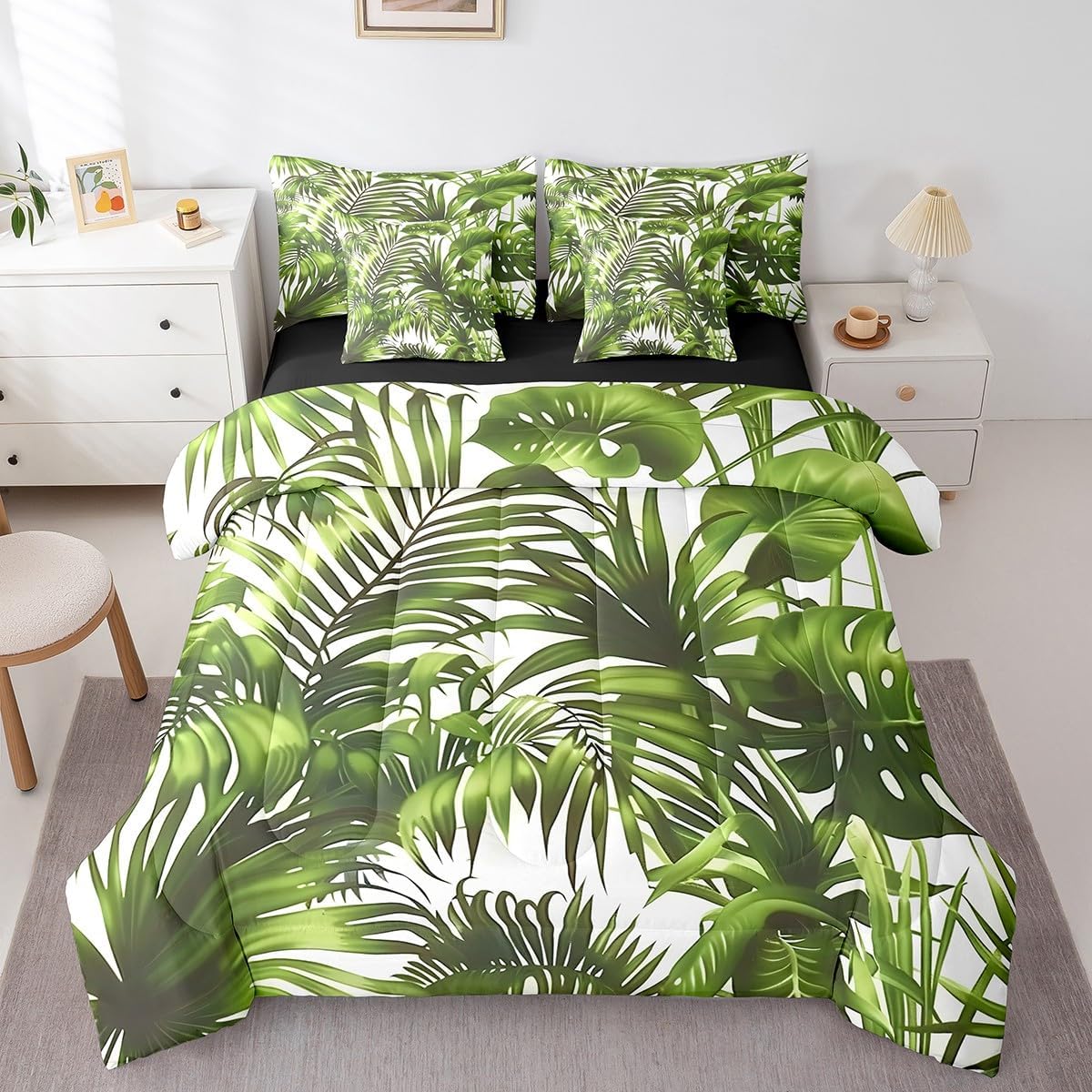 Green Leaves Twin Comforter Set 7 Pieces Palm Tree Printed Bedding Comforter Sets, White and Green Bed in a Bag Tropical Jungle Bedding Set, Botanical Plants Theme Bed Sheets Set Cozy for All Seasons
