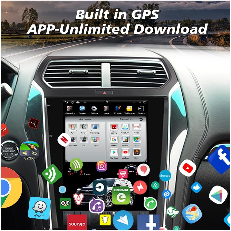 CUSP PX6 unit displaying GPS navigation and various app icons for download.
