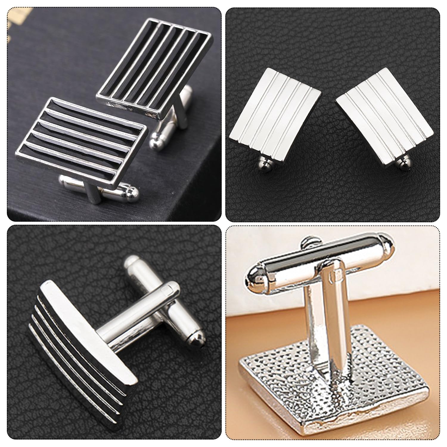 Set di 2 paia di gemelli in acciaio inossidabile, a righe, personalizzati, da uomo, camicia (nero/argento), Taglia unica, Acciaio inossidabile, Nessuna pietra preziosa