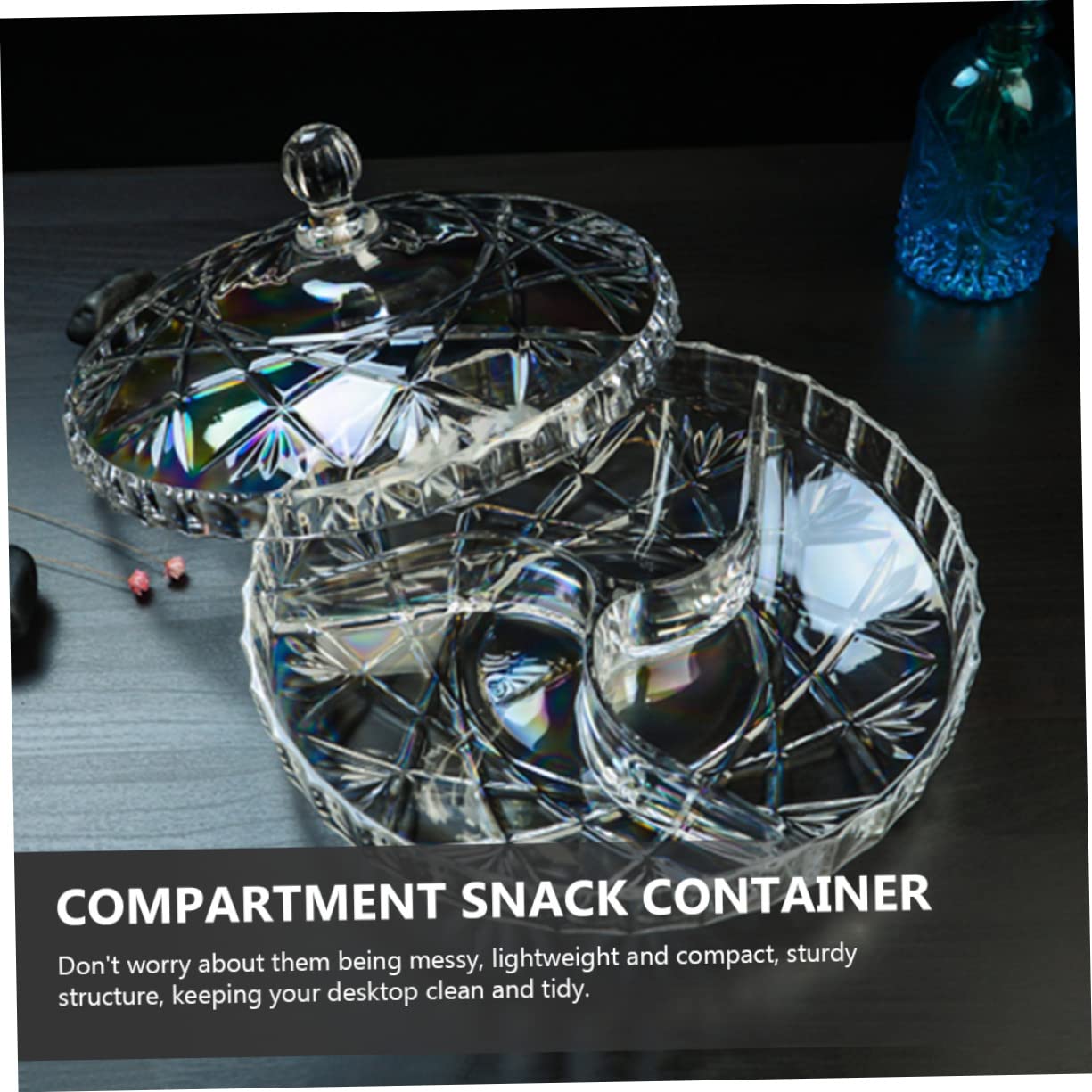 Mikikit Caja de Aperitivos Redonda de Acrílico con 3 Compartimentos, Ligera y Práctica para Nueces y Frutas, Adecuado para Fiestas Ocio