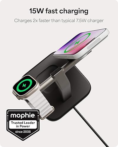 Miniatura 2 de Mophie Soporte de carga inalámbrico 3 en 1, certificado Qi2, cargador MagSafe para iPhone, Apple Watch y AirPods, estación de carga rápida con