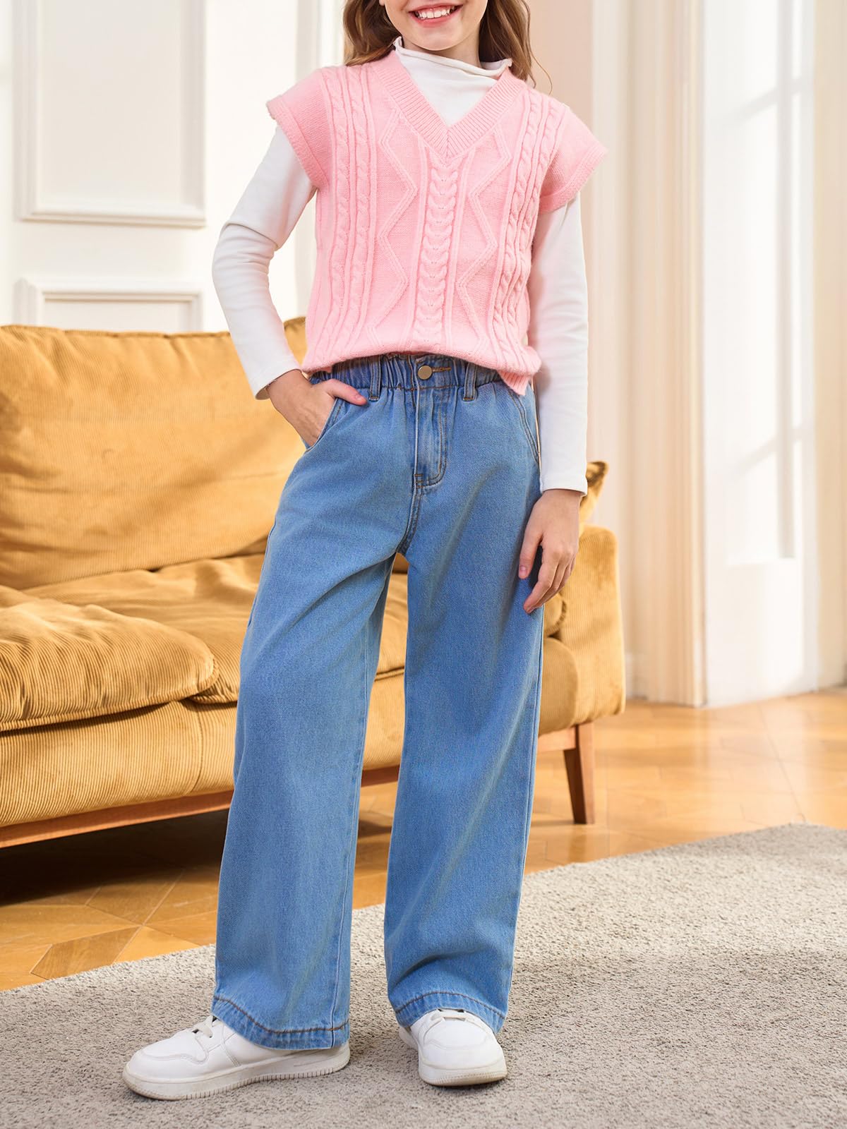 Haloumoning Jeans da bambina a gamba larga per bambini con elastico in vita casual Demin pantaloni con tasche 5-14 anni