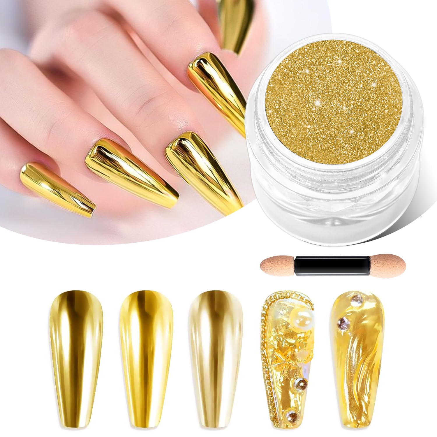 BISHENGYF Gold Chrome Nail Powder, Metallic Holo Nail Chrome Powder