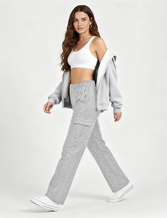 Cargo Sweatpants for Women Fleece Jogger Pants Casual Baggy Trousers Athletic Long with Pockets Trendy