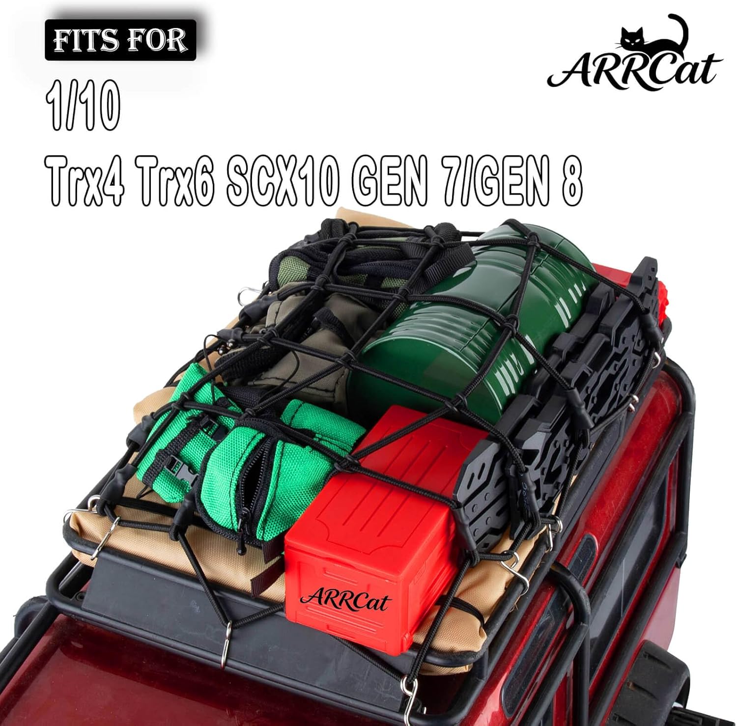 RC Roof Luggage Tent Bag Decoration Upgrades Part for 1/10 Trx4 Trx6 SCX10 GEN 7/GEN 8,Toolbox Luggage Case/Net/Bag,Recovery Board,Tank,Oil Drum,Pot Bag,Shovel,Elastic Force Rope,Orange