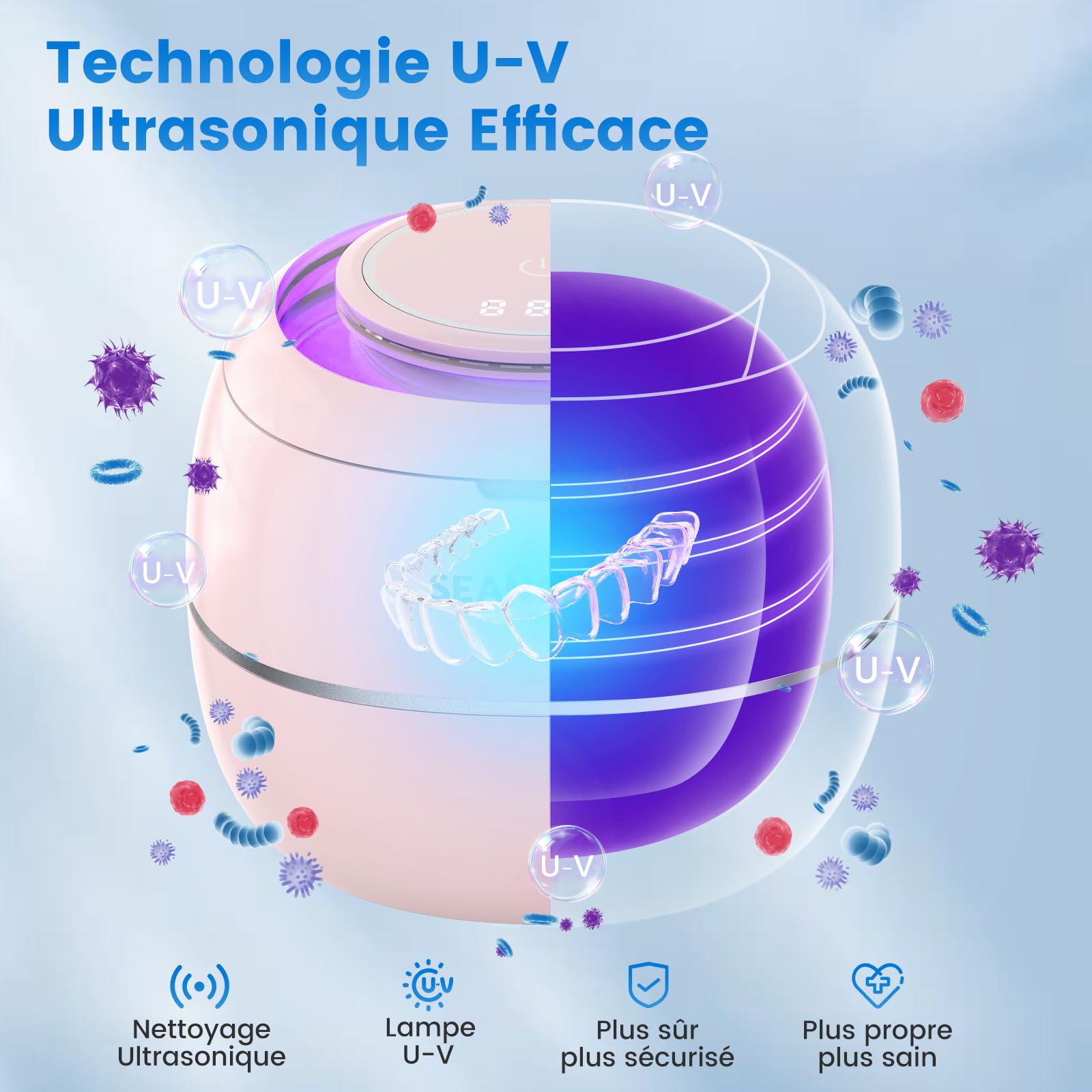 SEANCHEER Nettoyeur Ultrasons 48000Hz Bac Ultrason | 24W | 180ML | Mini Ultrasonic Cleaner Portable avec Lampe UV pour | Prothèses Dentaires | Gouttière Dentaire | Retainer | Bijoux | (Rose)